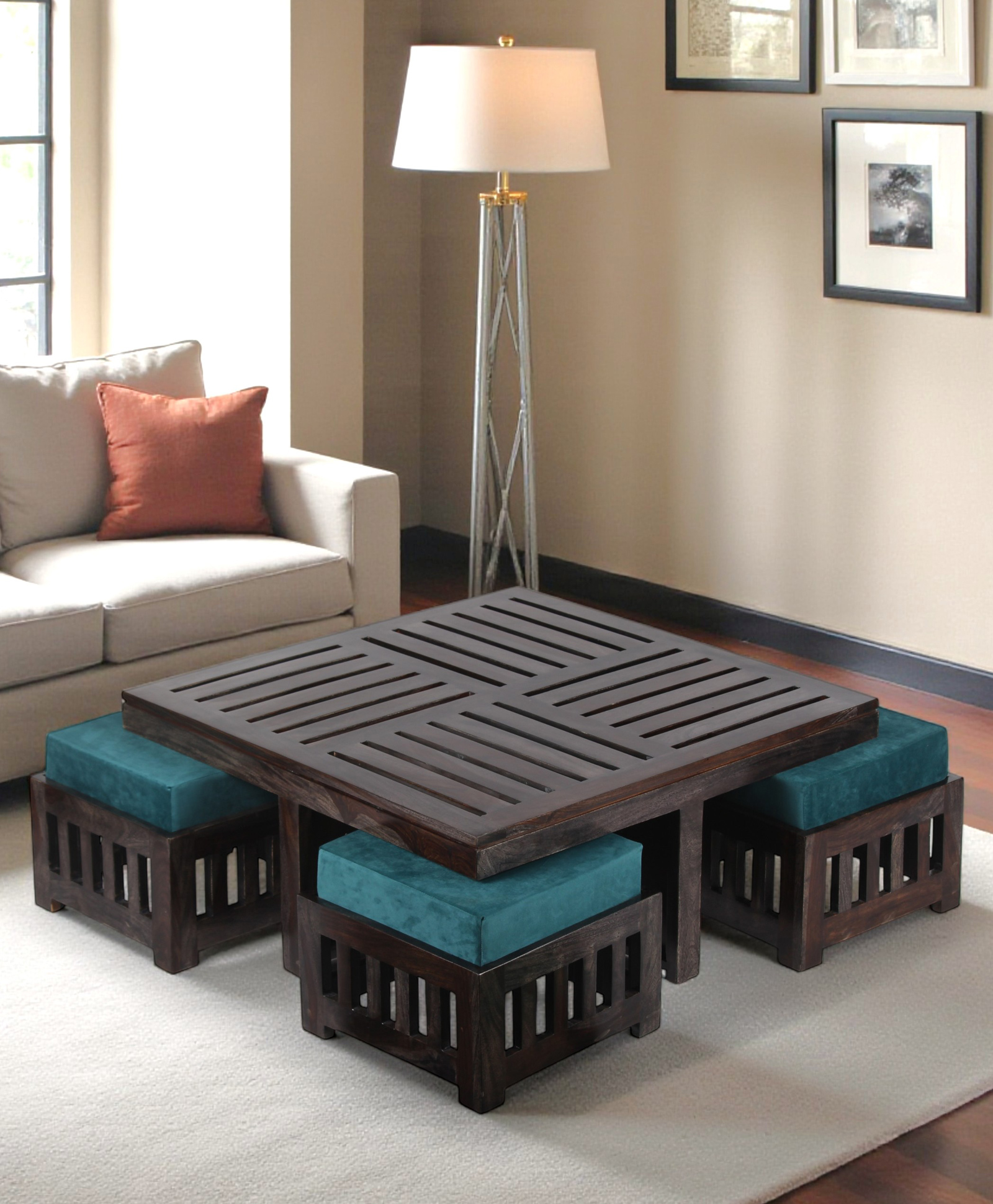 Ikiriya Palladio Sheesham Wood Accent Coffee Table Set / Center Table / Sofa Table with 4 Stools in Dark Mahagony Finish with Turquoise Sea Velvet Cushions-image-22