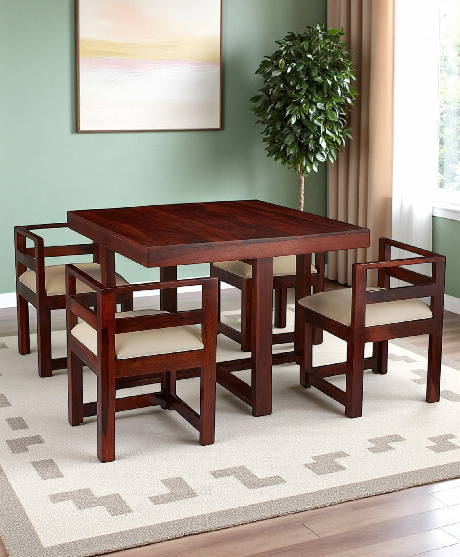 Ikiriya Kingston Sheesham Wood Accent 4 Seater Dining Table Set with Honey Finish & Jute White Cushioning-image-5