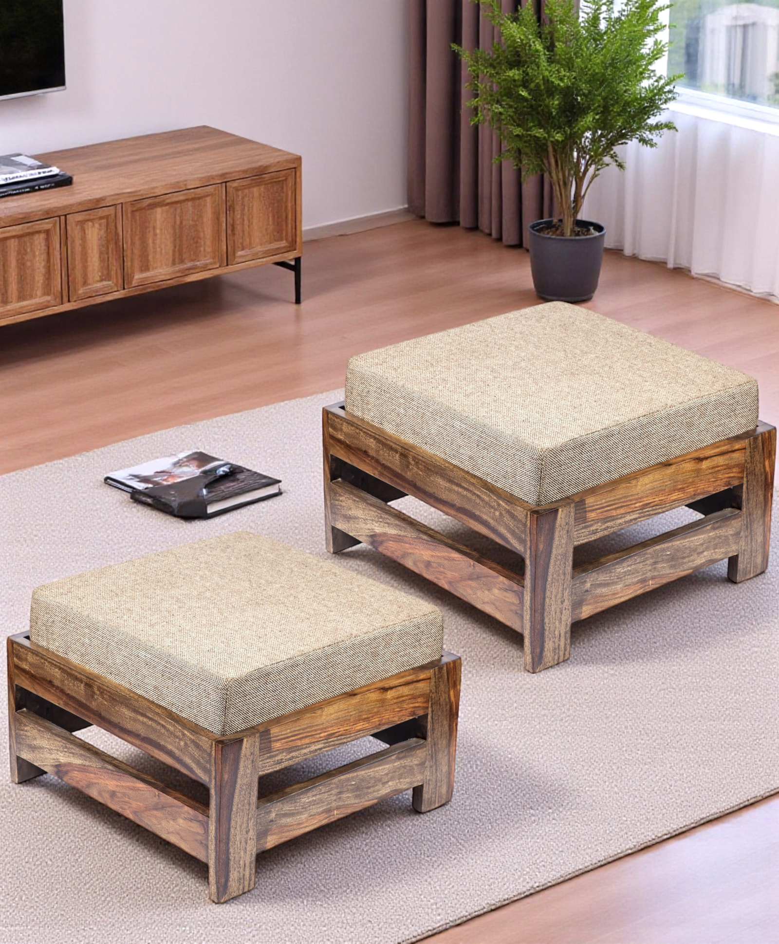 Ikiriya Amber Sheesham Wood Contemporary Square Set of 2 Foot Stools / Pouf Stools / Pouffee / Stool / Ottoman in Teak Finish with Jute Beige Cushion-image-41