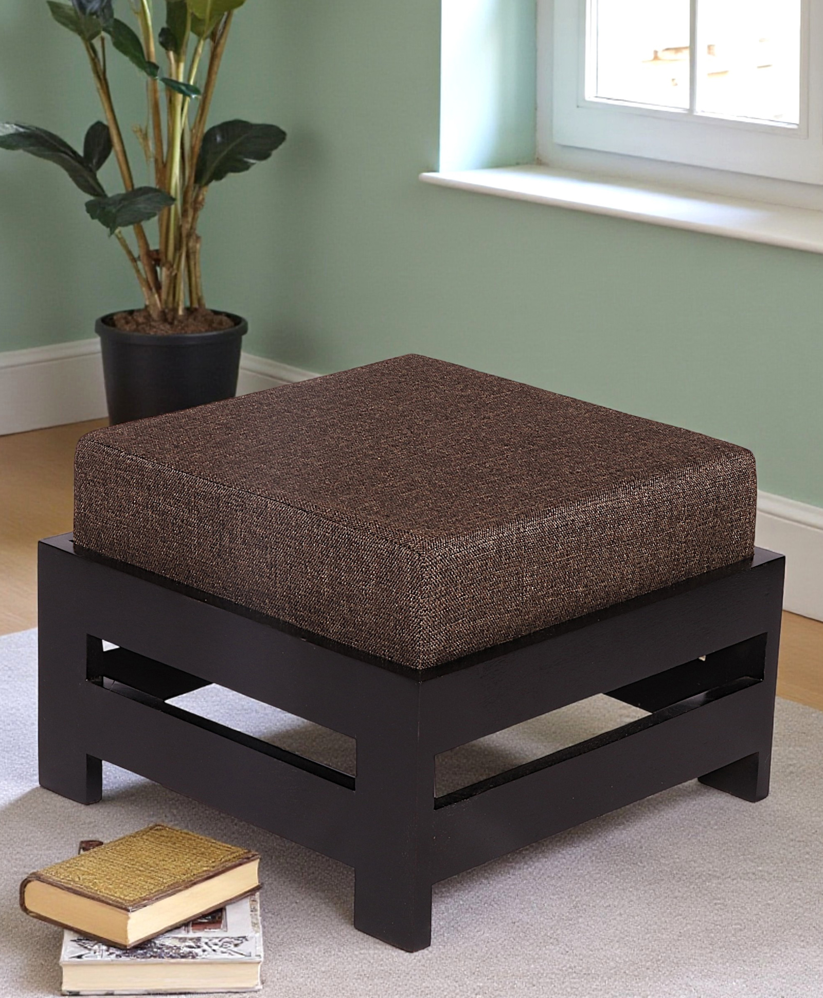 Ikiriya Amber Sheesham Wood Contemporary Square Foot Stool / Pouf Stools / Pouffee / Stool / Ottoman in Extra Dark Mahagony Finish with Jute Brown Cushion-picture-16