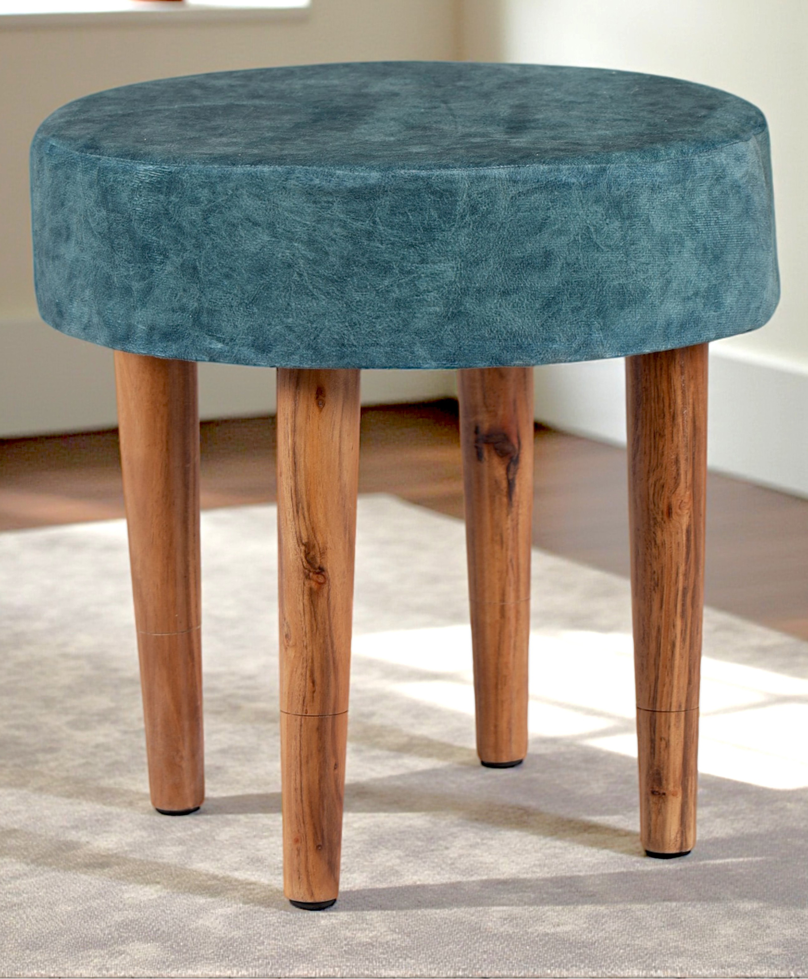 Ikiriya Nayla Sheesham Wood Contemporary Round Stool / Pouf Stools / Pouffee / Foot Stool / Ottoman in Blue Jacquard Work Fabric Upholstery-picture-23