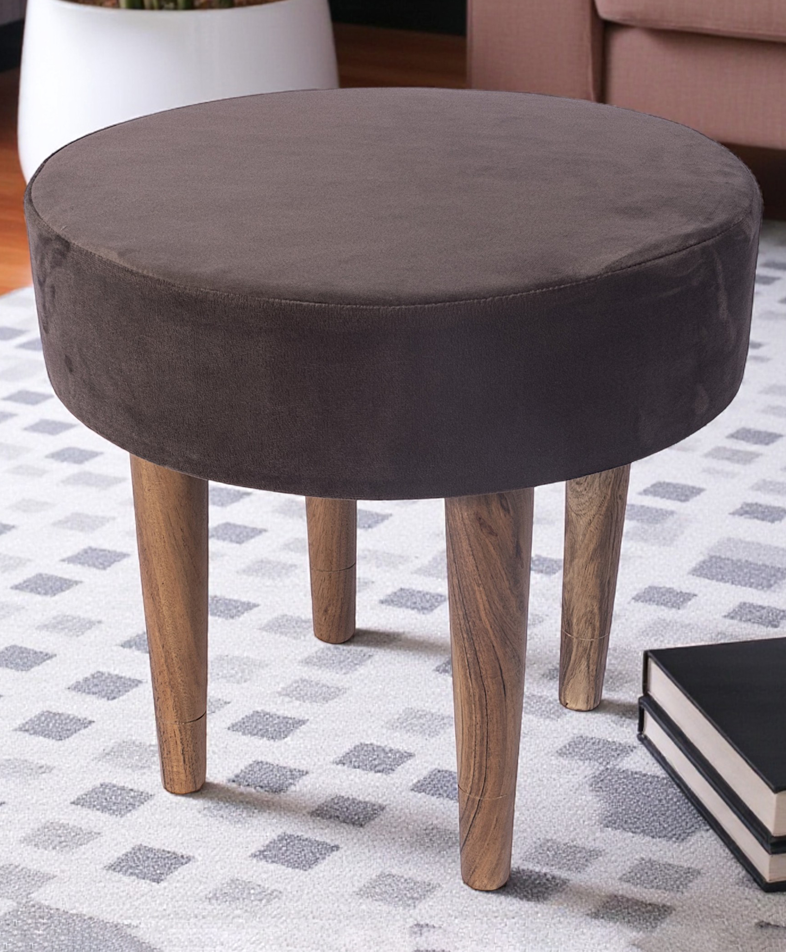 Ikiriya Nayla Sheesham Wood Contemporary Round Stool / Pouf Stools / Pouffee / Foot Stool / Ottoman in Taupe Brown Velvet Upholstery-picture-13