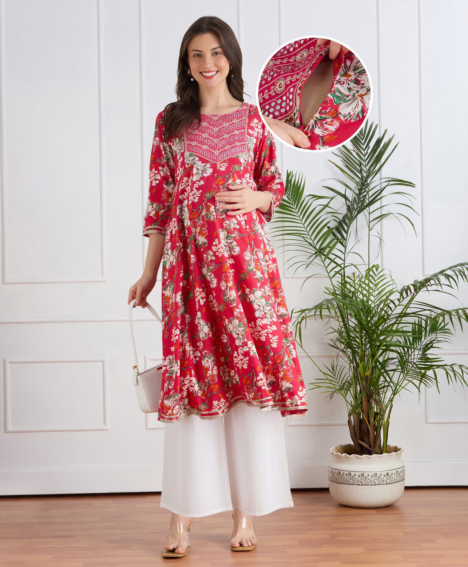 Bella Mama Woven Three Fourth Sleeves Maternity Suit Set with Floral Embroidered Yoke - Pink-image-39