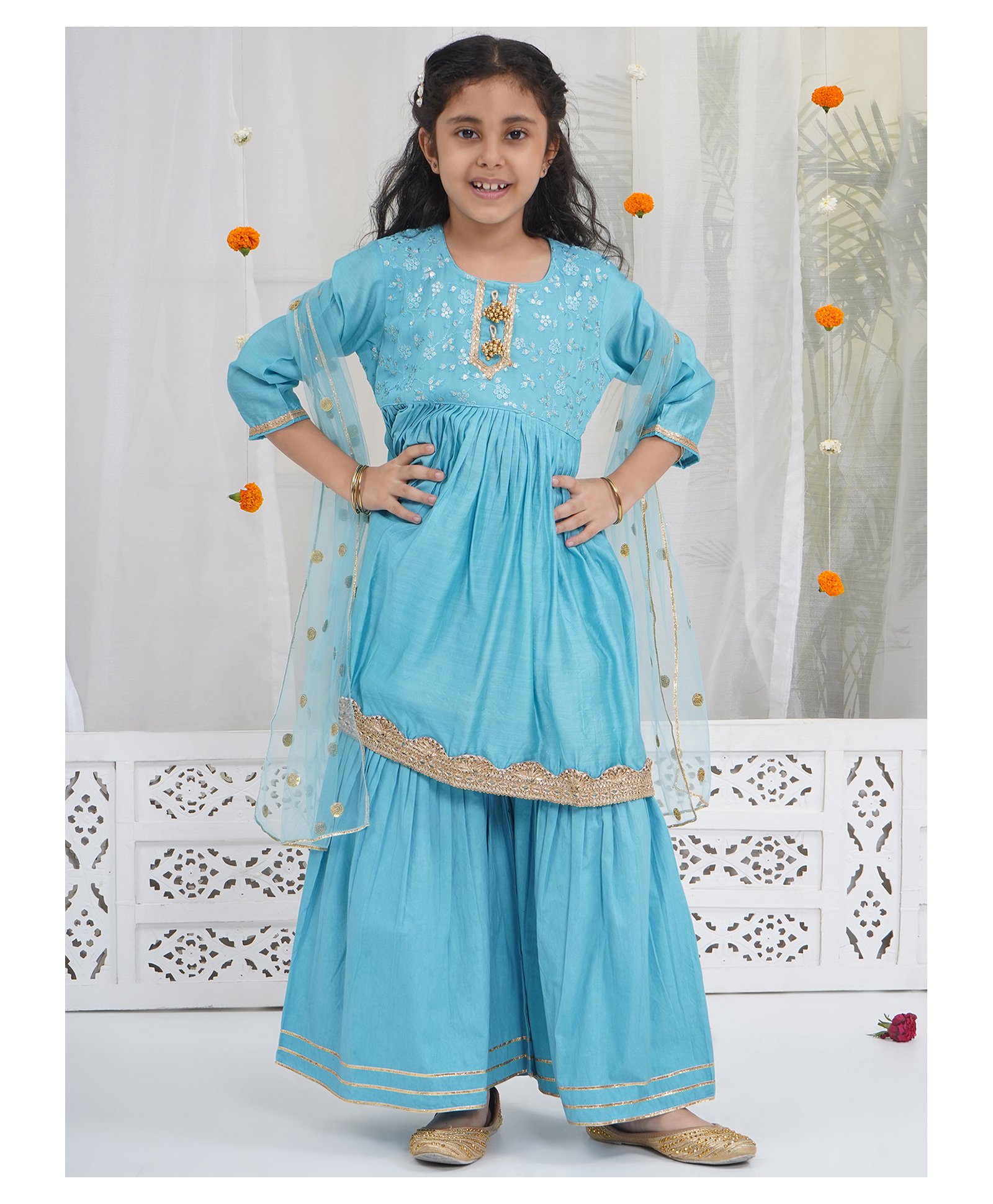 Little Bansi Chanderi Woven Three Fourth Sleeves Floral Embroidered & Gota Lace Embellished Kurti & Sharara With Dupatta Set - Blue-picture-28