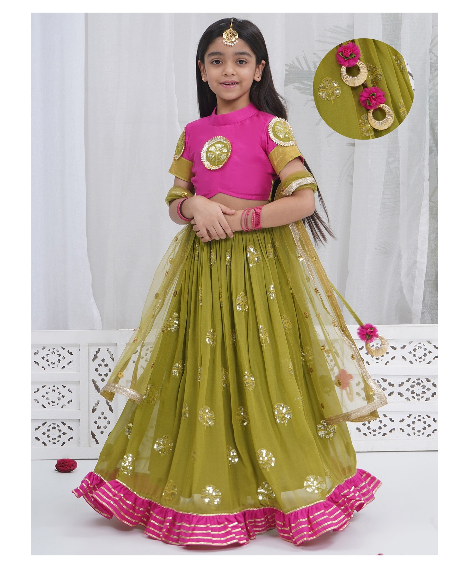 Little Bansi Chanderi Woven Half Sleeves Floral Embroidered & Tassels Detailed Lehenga Choli With Dupatta Set - Green-picture-23