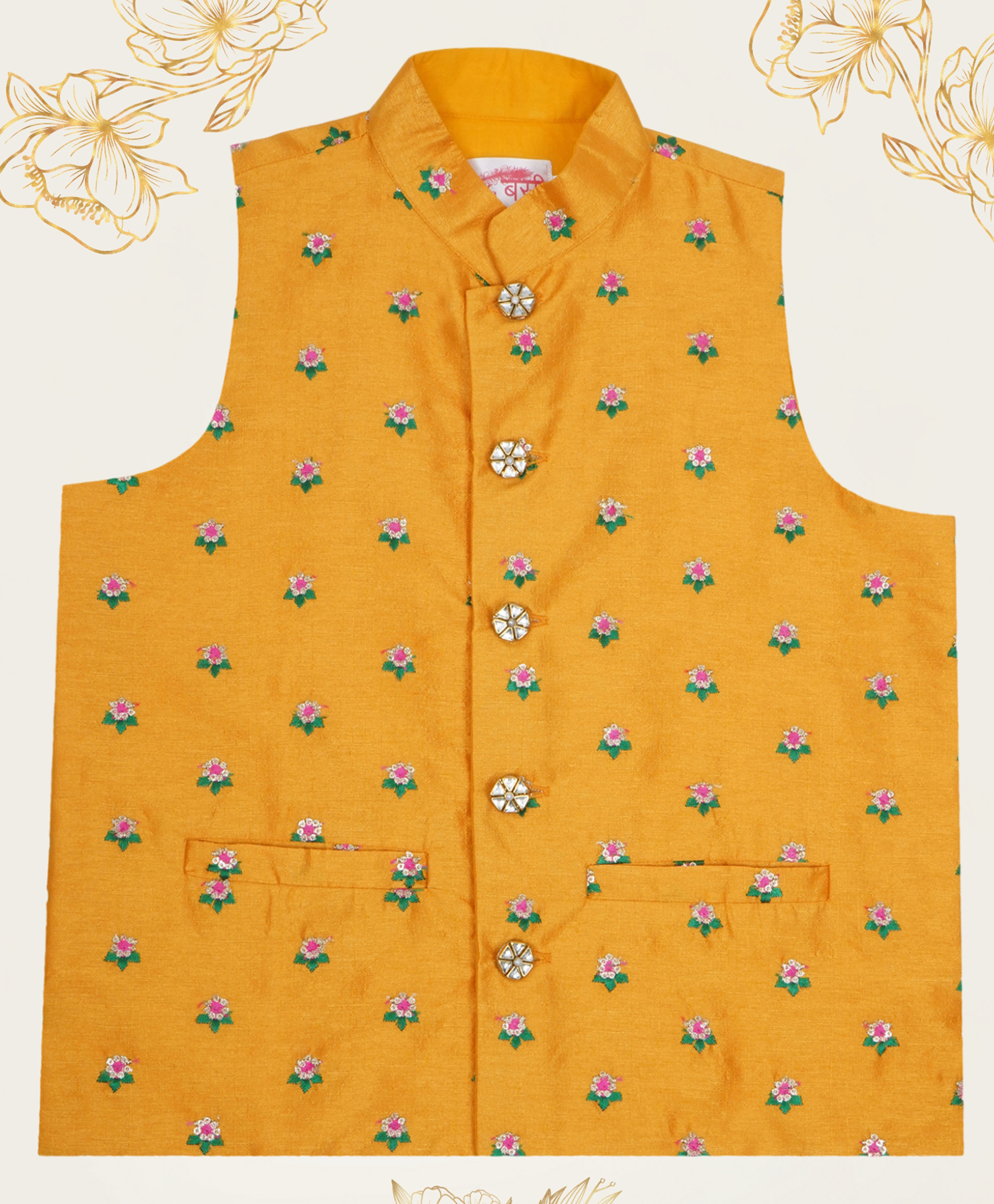 Little Bansi Silk Woven Sleeveless Floral Embroidered Nehru Jacket - Yellow-picture-26