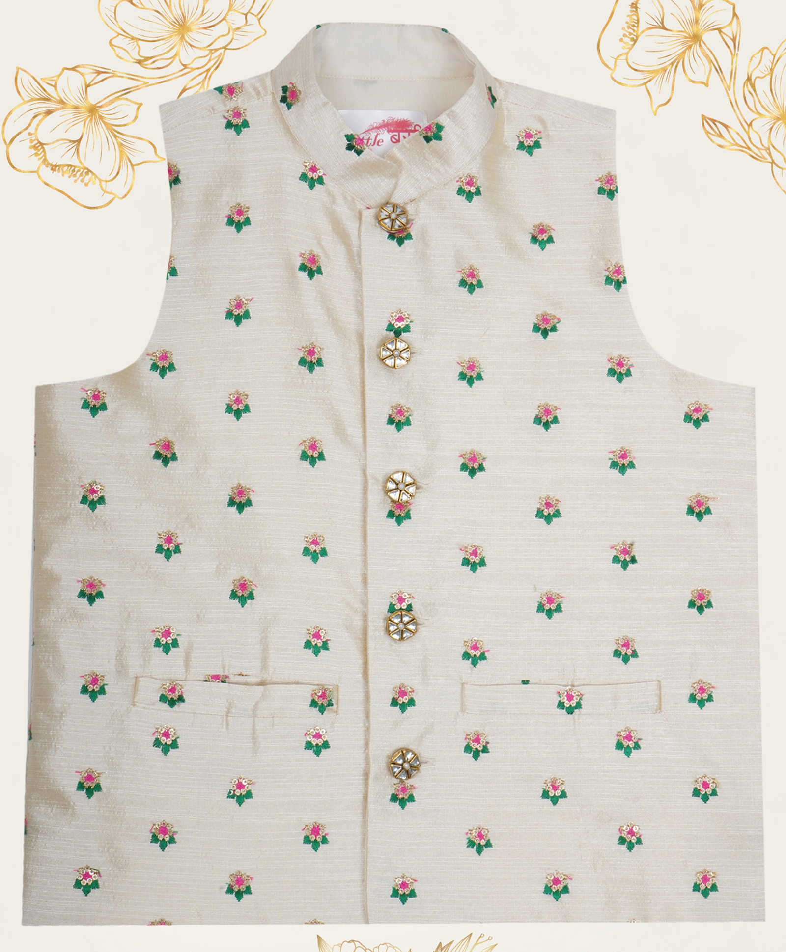Little Bansi Silk Woven Sleeveless Floral Embroidered Nehru Jacket - Cream-image-11