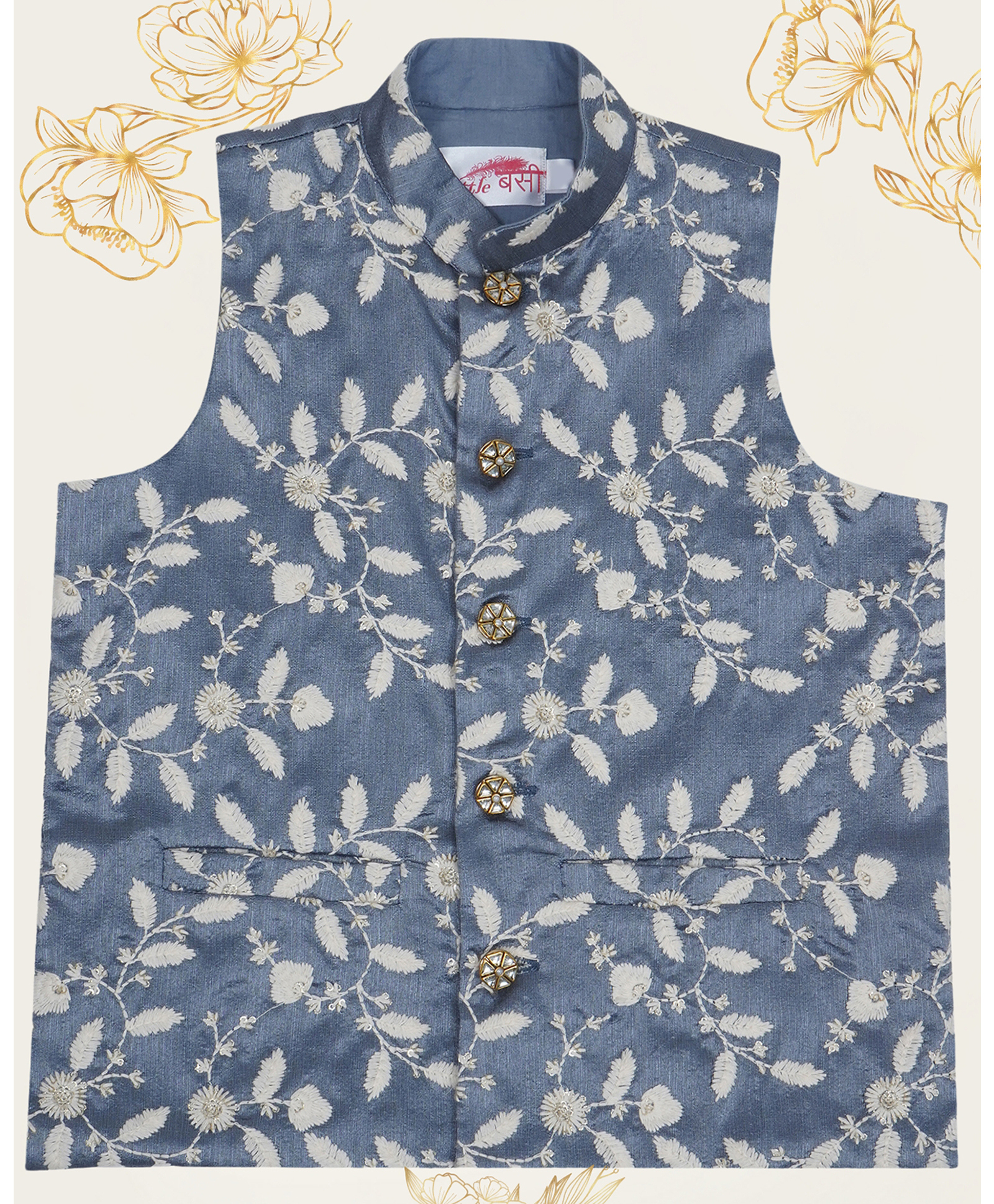 Little Bansi Mulberry Silk Woven Sleeveless Floral Embroidered Nehru Jacket - Grey-image-3