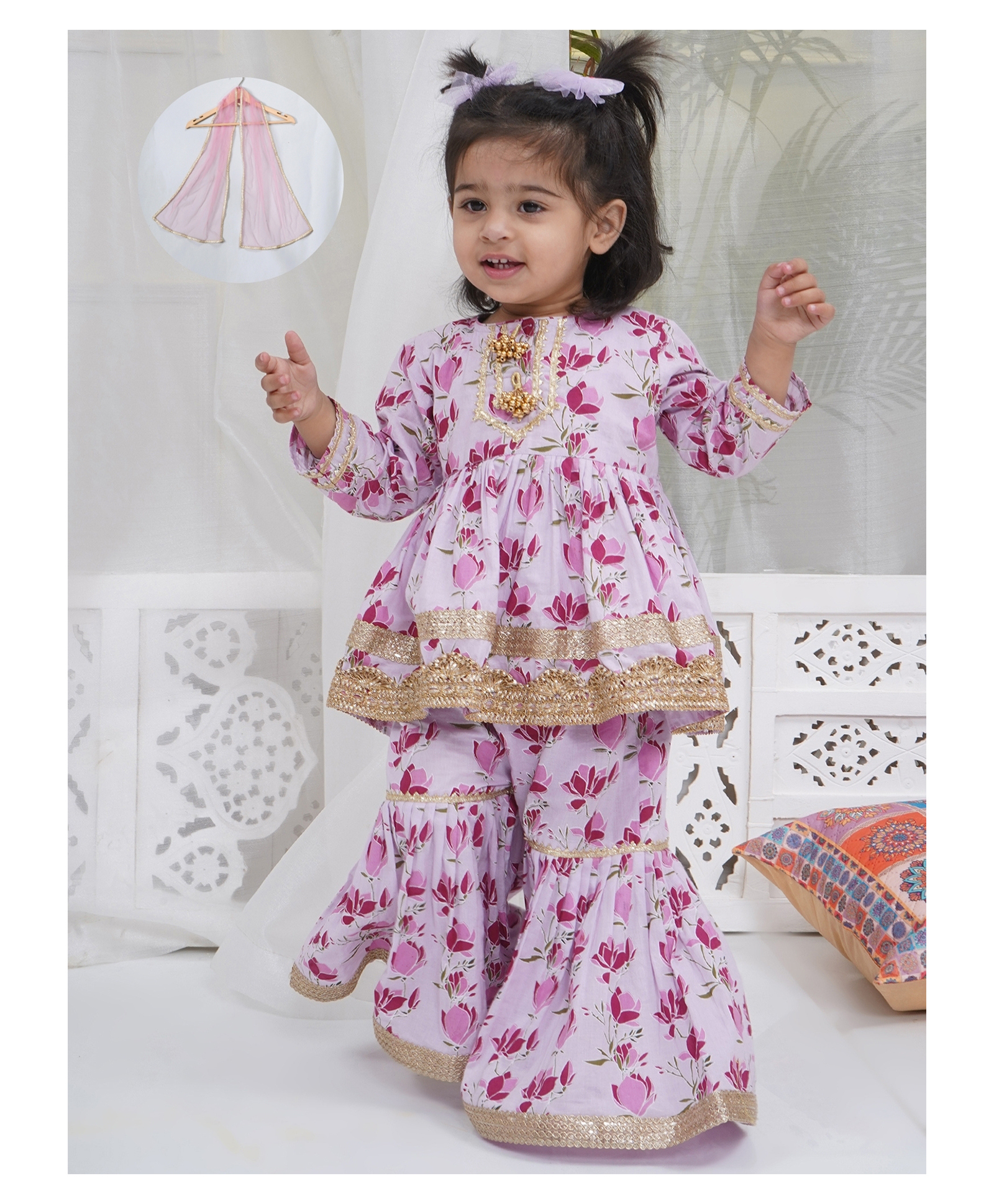 Little Bansi 100% Cotton Woven Full Sleeves Lotus Printed Kurti Sharara With Dupatta Set - Pink-picture-21
