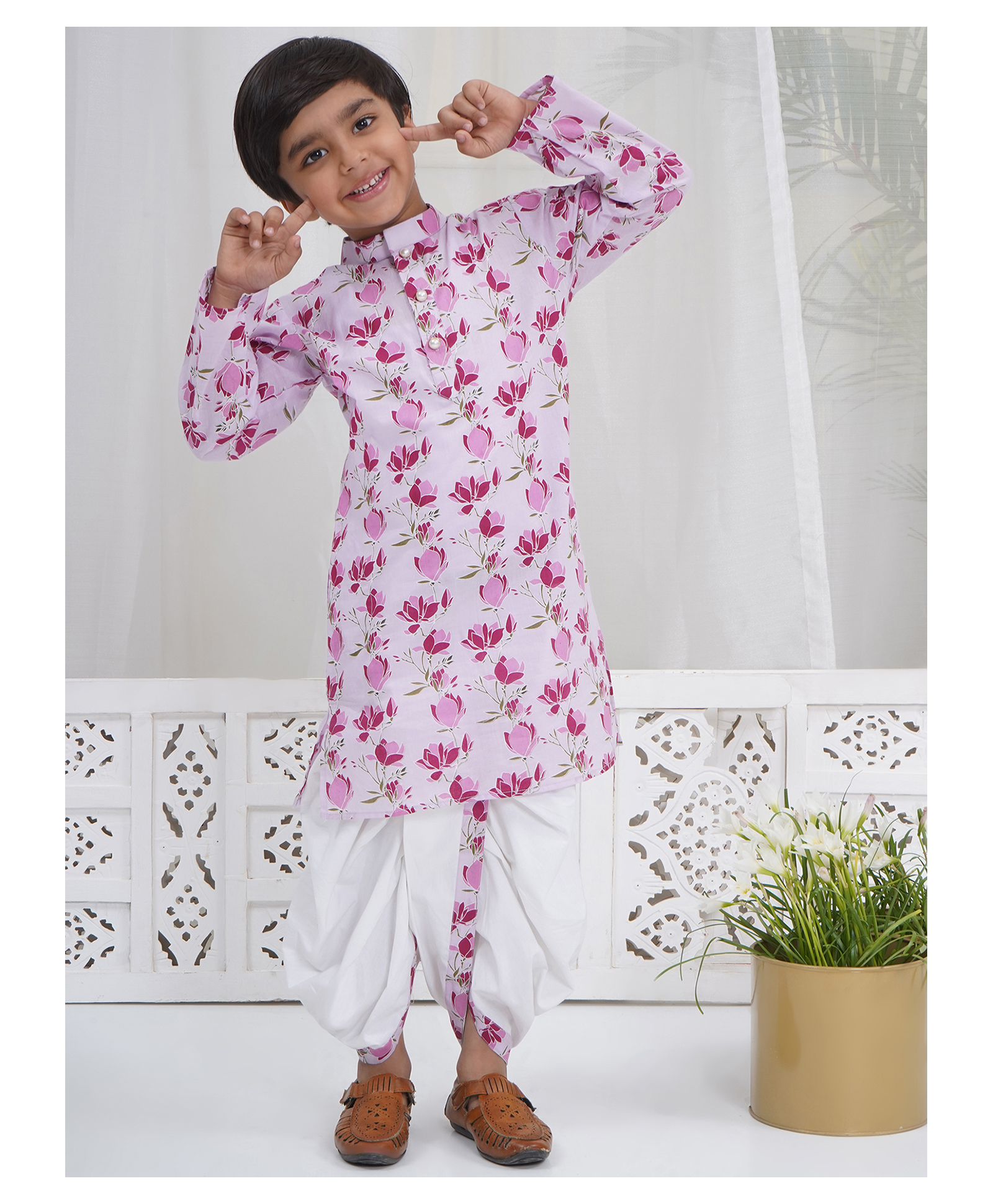 Little Bansi Cotton Woven Full Sleeves Floral Printed Kurta with Dhoti Set - Pink-picture-33