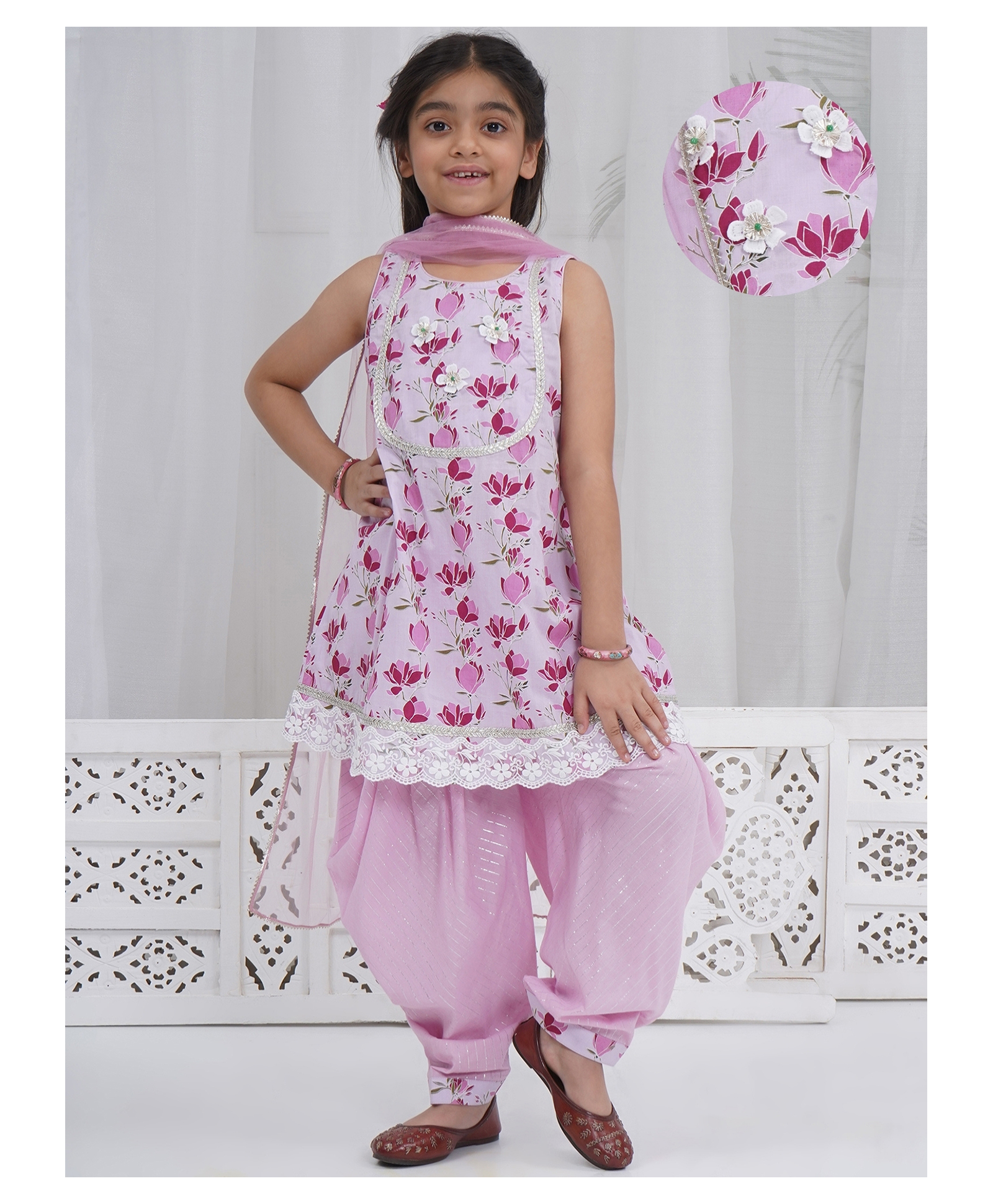 Little Bansi 100% Cotton Woven Sleeveless Floral Printed & Applique Detailed Kurti Salwar With Dupatta Set - Pink-picture-22
