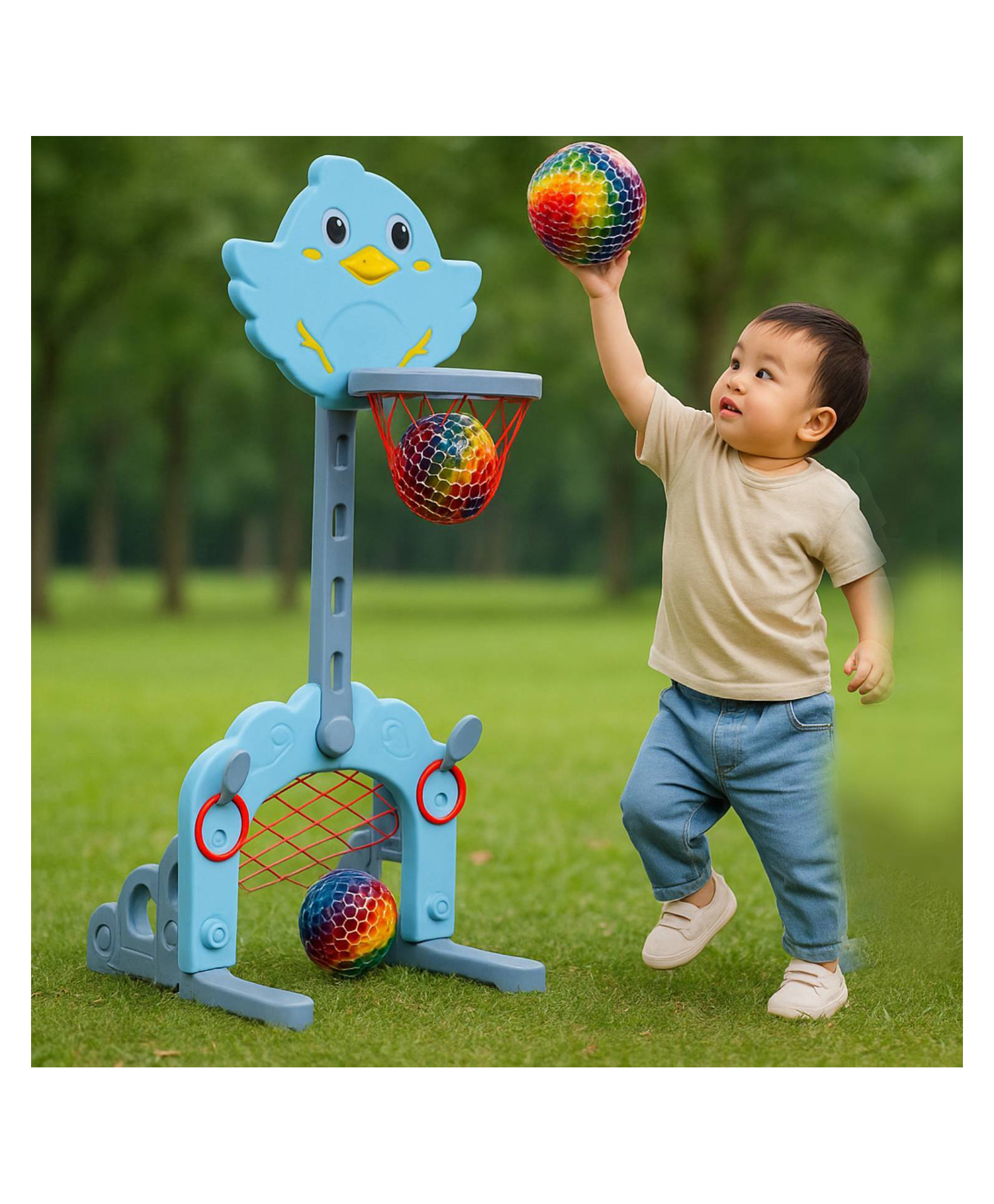 eHomeKart Basketball Toy Set - 3 in 1 Multi Activity Play Centre - Basketball, Football Gate & Ring Hoopla - Age 1-5 Years, 5 Height Adjustable Settings - Perfect Toys for Indoor & Outdoor (Teddy)-image-18