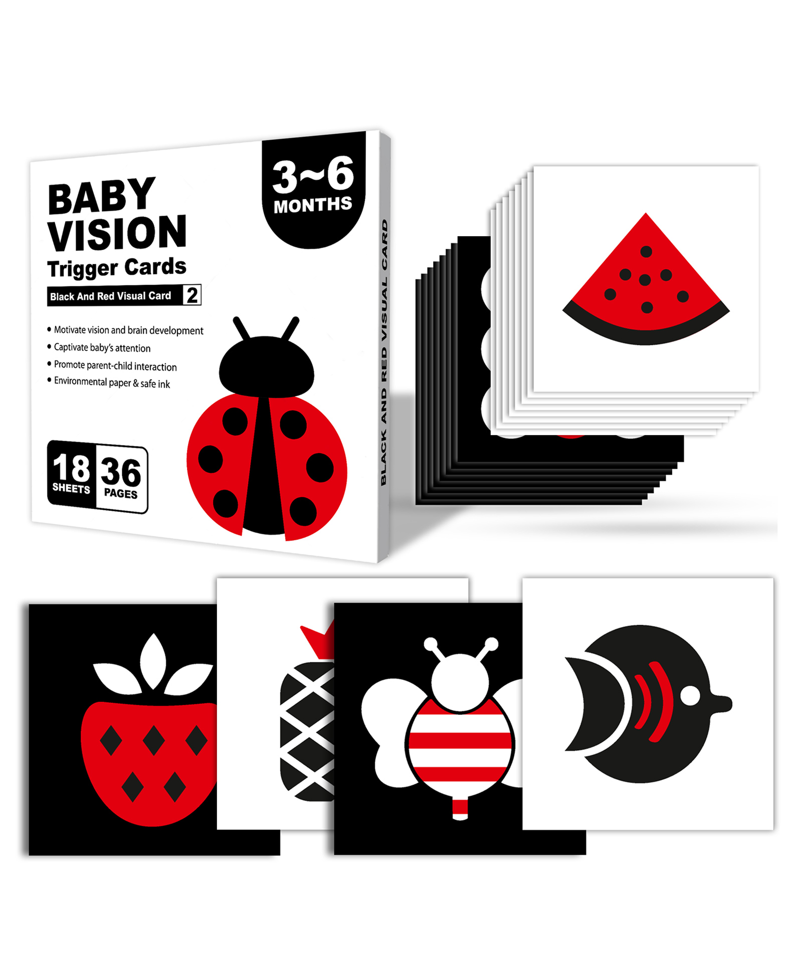 BitFeex Baby Black White and Red Vision Trigger Cards 18 Sheets, 36 Pages High Contrast Flash Cards for Newborns (3-6 Months) Visual Development & Brain Stimulation Toy-image-45