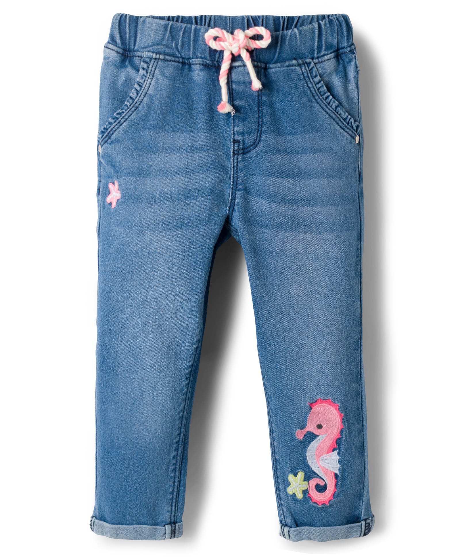 Babyhug Full Length Washed Denim Jeans With Stretch & Seahorse Embroidery - Light Blue