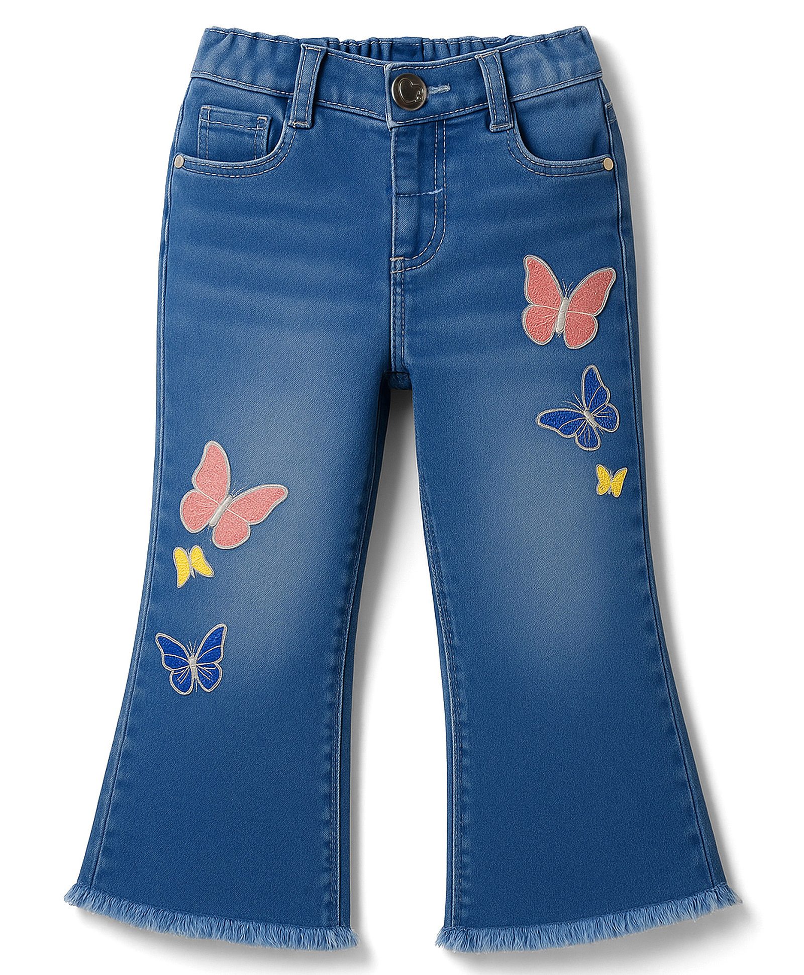 Babyhug Denim Full Length Flared Washed Jeans With Stretch & Butterfly Embroidery - Blue-picture-18