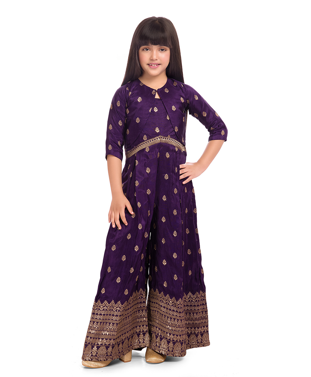 Tiny Kingdom Woven Foil Leaves Printed Jumpsuit With Three Fourth Sleeves Jacket - Purple-picture-26