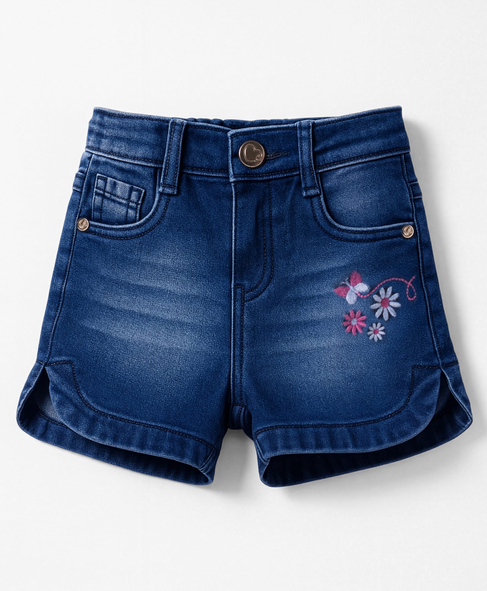 Babyhug Denim Mid Thigh Shorts With Floral Embriodery - Blue-picture-11