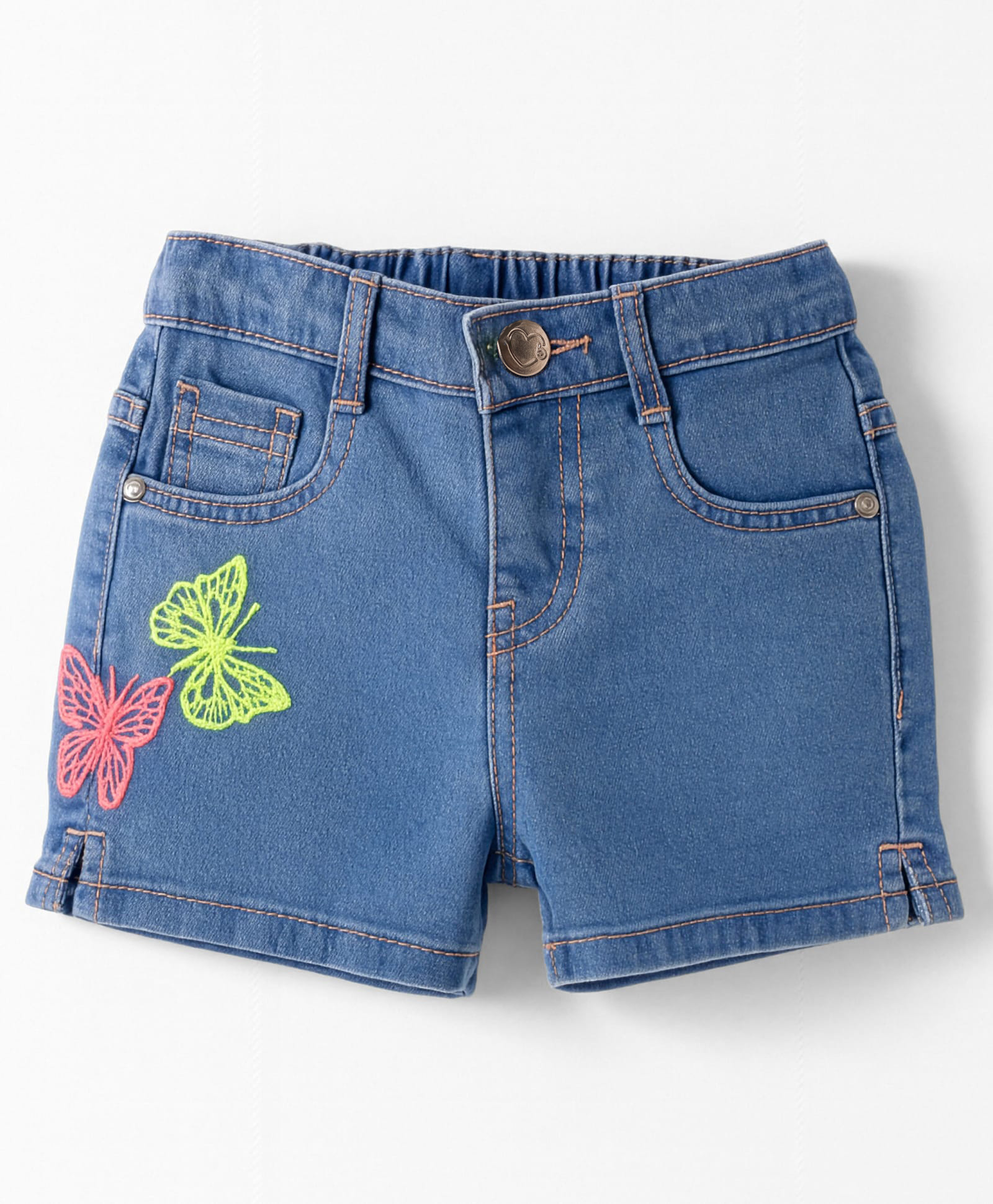 Babyhug Denim Mid Thigh Short With Butterfly Embriodery - Blue-image-2