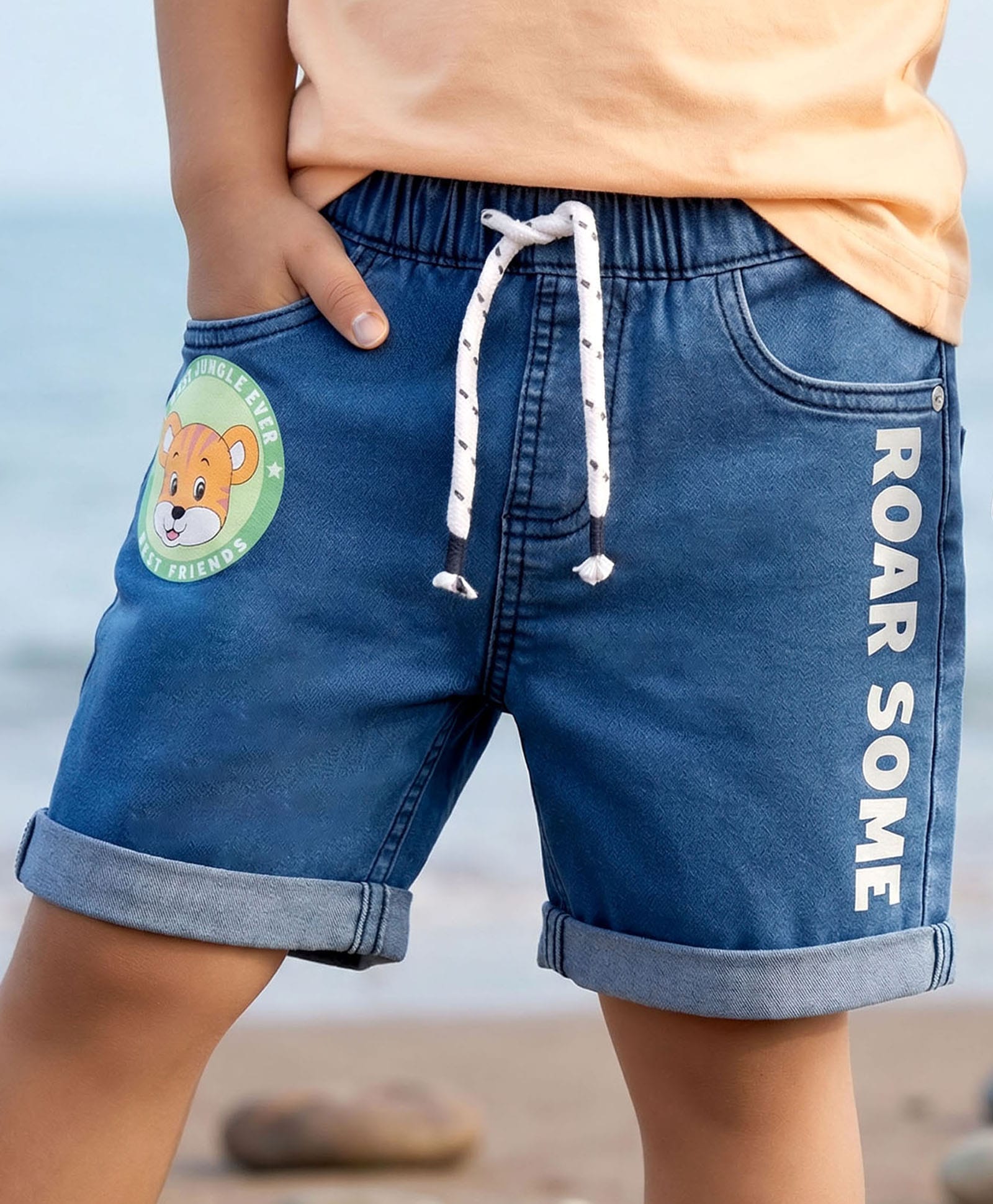 Babyhug Denim Mid Thigh Short With Stretch & Text Print - Navy Blue-image-18