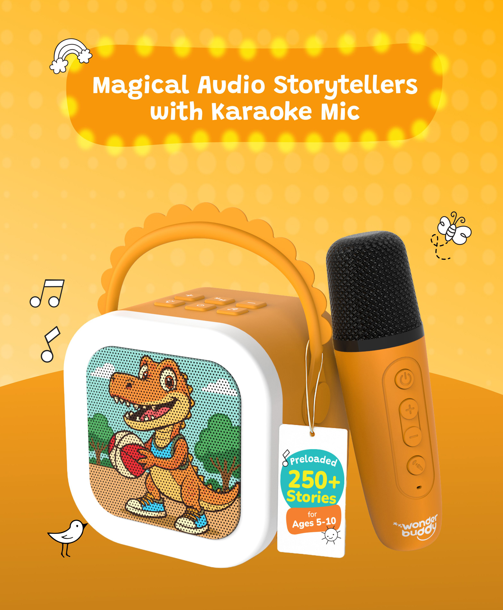 WonderBuddy StoryBox Mini, 250+ Stories Preloaded, Karaoke Mic for Singing, RGB Lights, Kids BT Speaker, Musical Toy, Birthday Gift