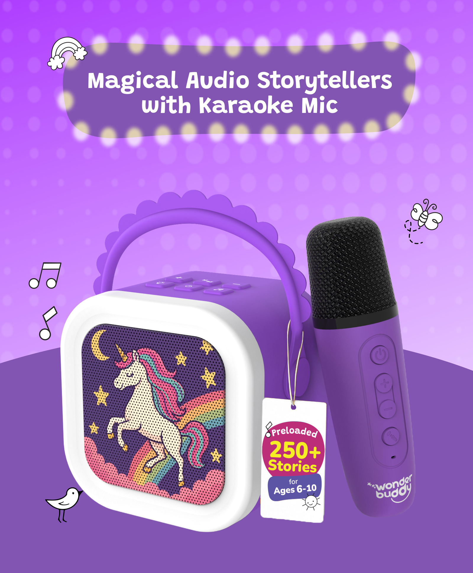 WonderBuddy StoryBox Mini, 250+ Stories Preloaded, Karaoke Mic for Singing, RGB Lights, Kids BT Speaker, Musical Toy, Birthday Gift