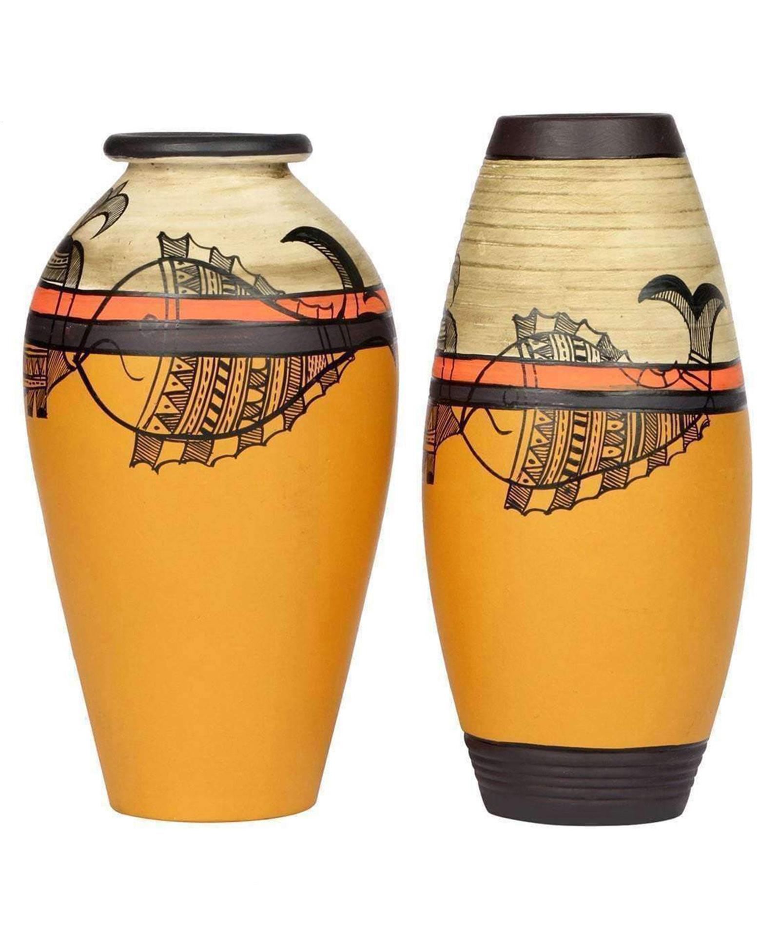 AAKRITI ART CREATIONS Vase Earthen Yellow Madhubani with Fish Motifs (Set of 2)