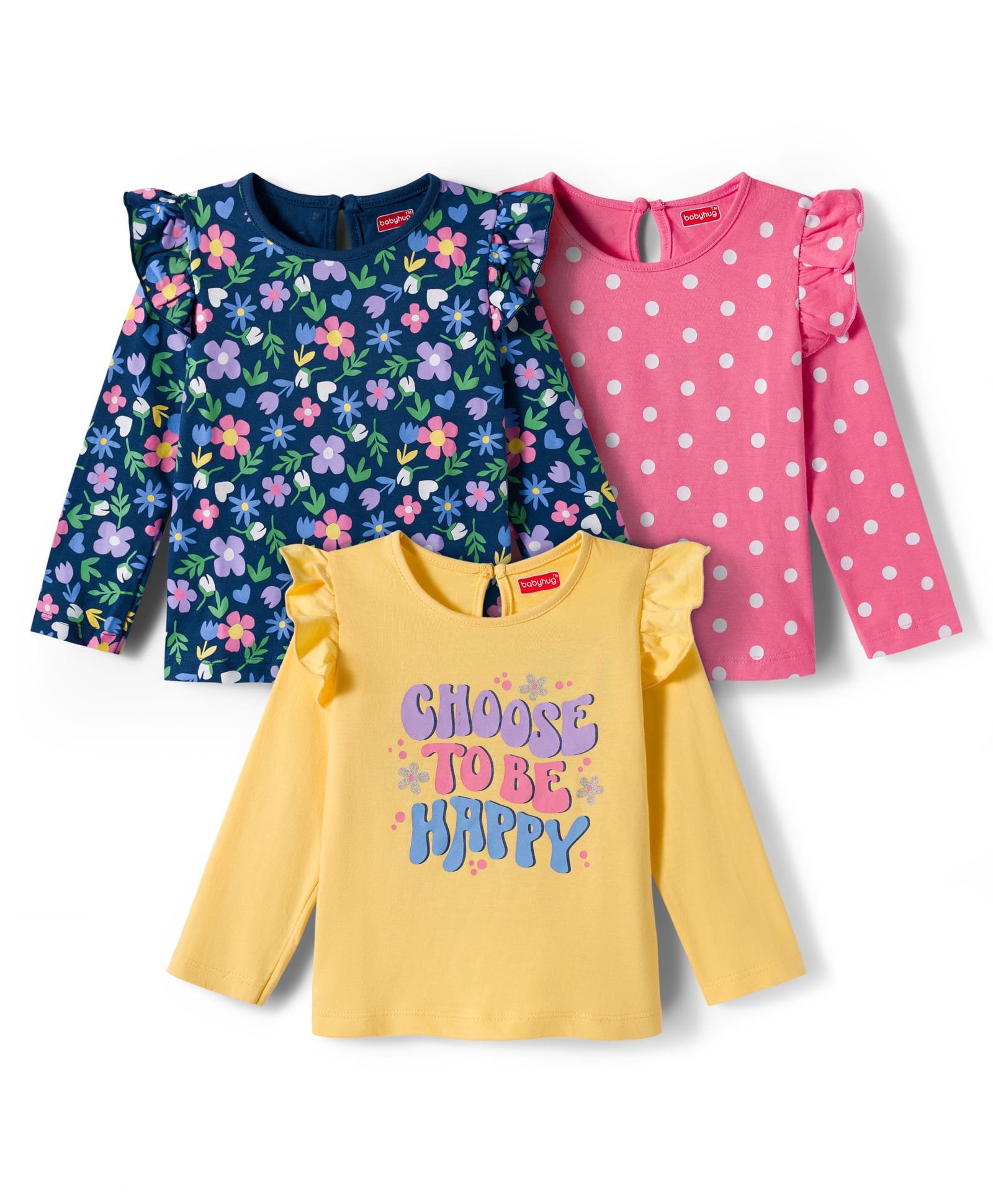 Babyhug 100% Cotton Knit Full Sleeves T-Shirts with Frill Detailing Floral Polka Dots & Text Print Pack of 3 - Yellow Navy Blue & Pink-picture-22