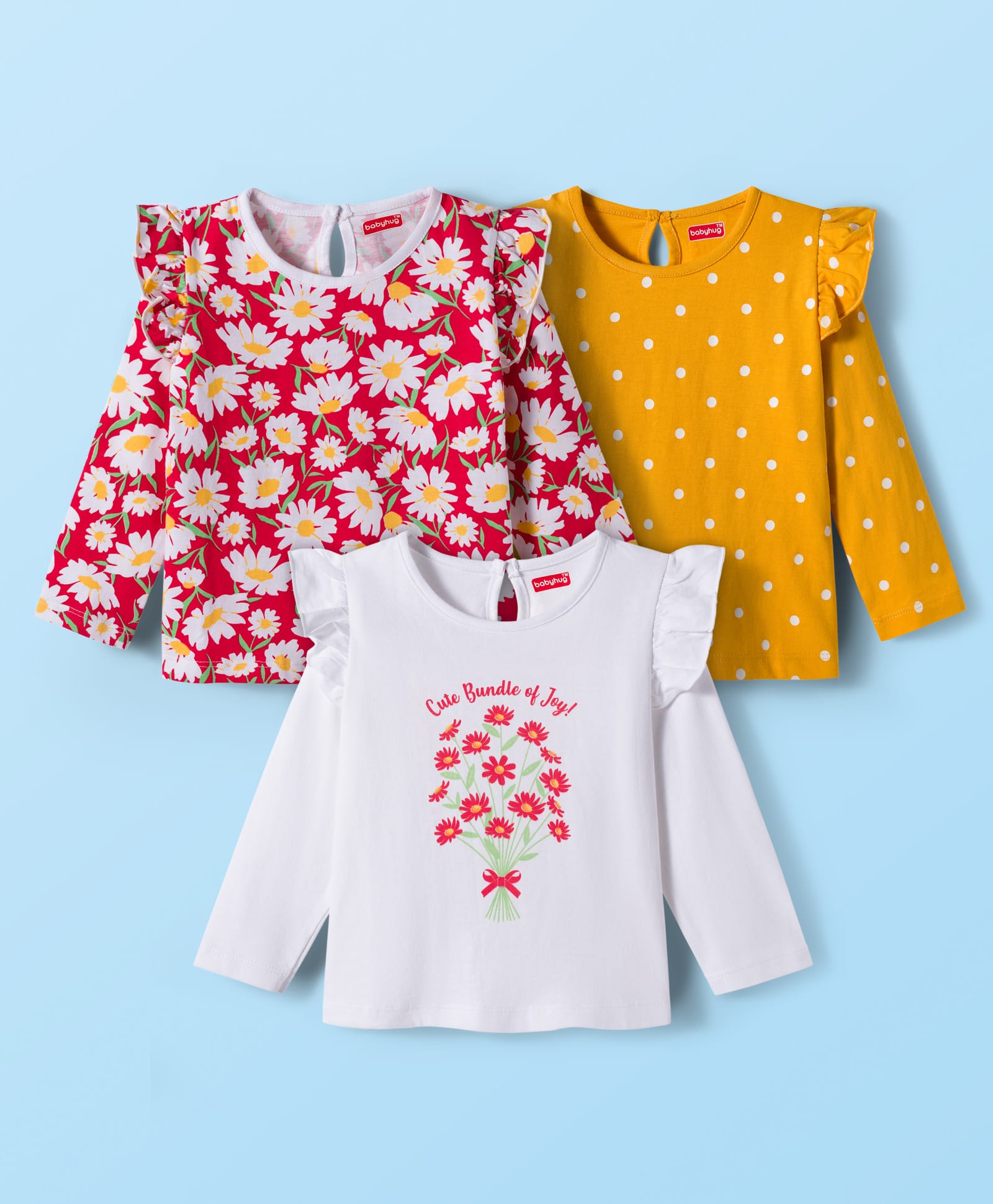 Babyhug 100% Cotton Knit Full Sleeves T-Shirts with Frill Detailing Polka Dots & Floral Print Pack of 3 - Red Yellow & White-picture-34