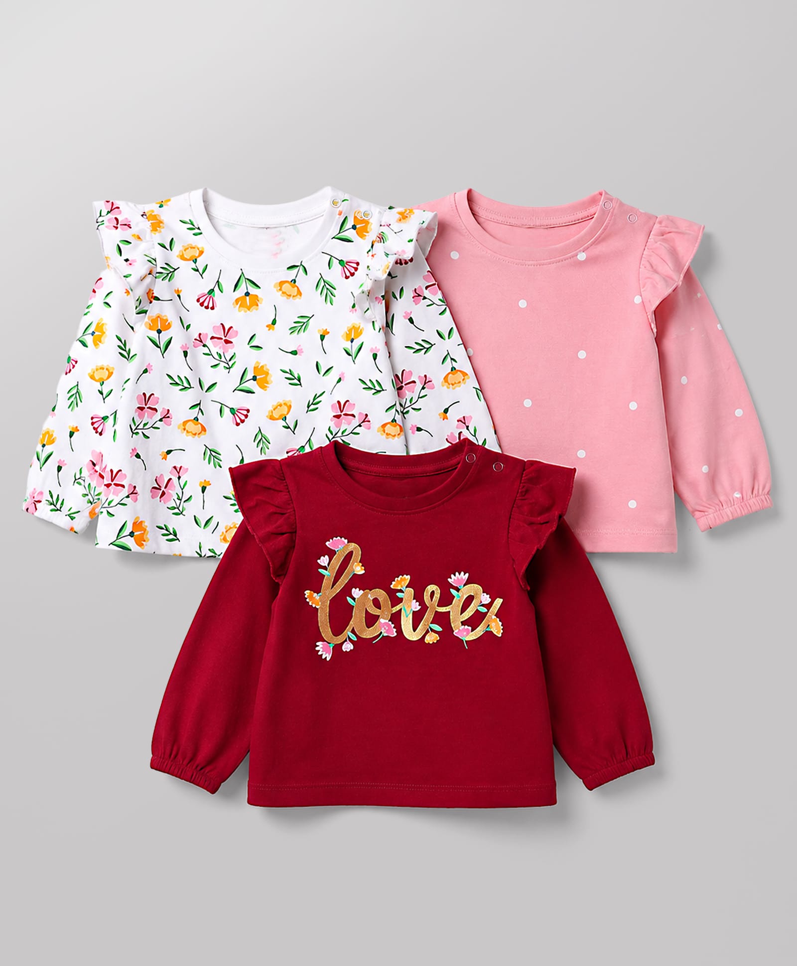 Babyhug 100% Cotton Knit Full Sleeves T-Shirts with Frill Detailing Floral & Glitter Print Pack of 3 - Pink Dark Red & White-image-44