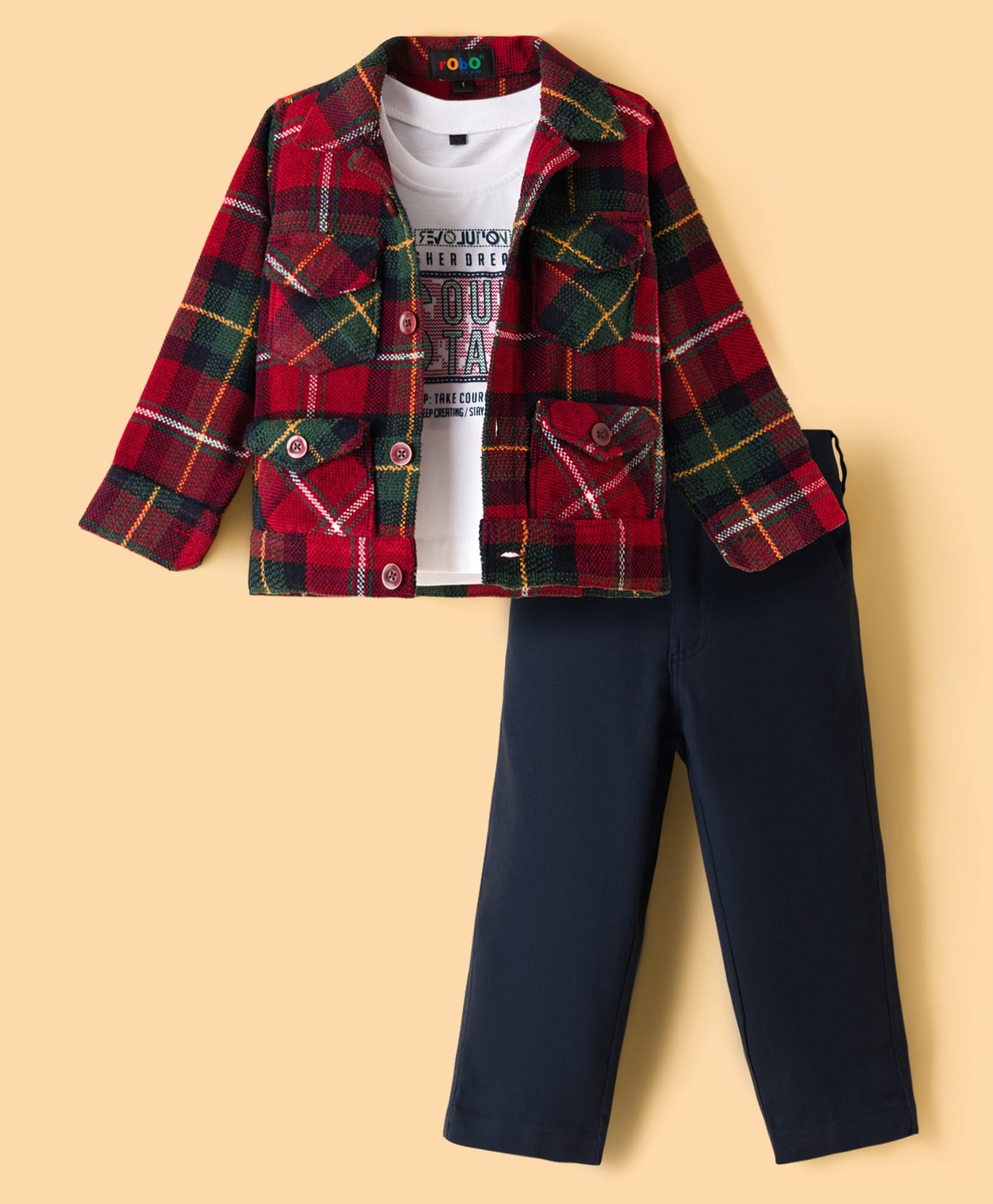 Robo Fry Cotton Woven Full Sleeves Checks Party Jacket & Trouser Set With Printed Inner Tee - Red-picture-17