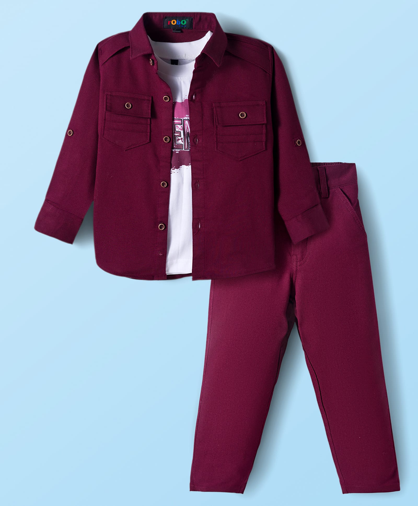 Robo Fry Cotton Woven Full Sleeves Solid Party Shirt & Trouser Set With Printed Inner Tee - Maroon-picture-18