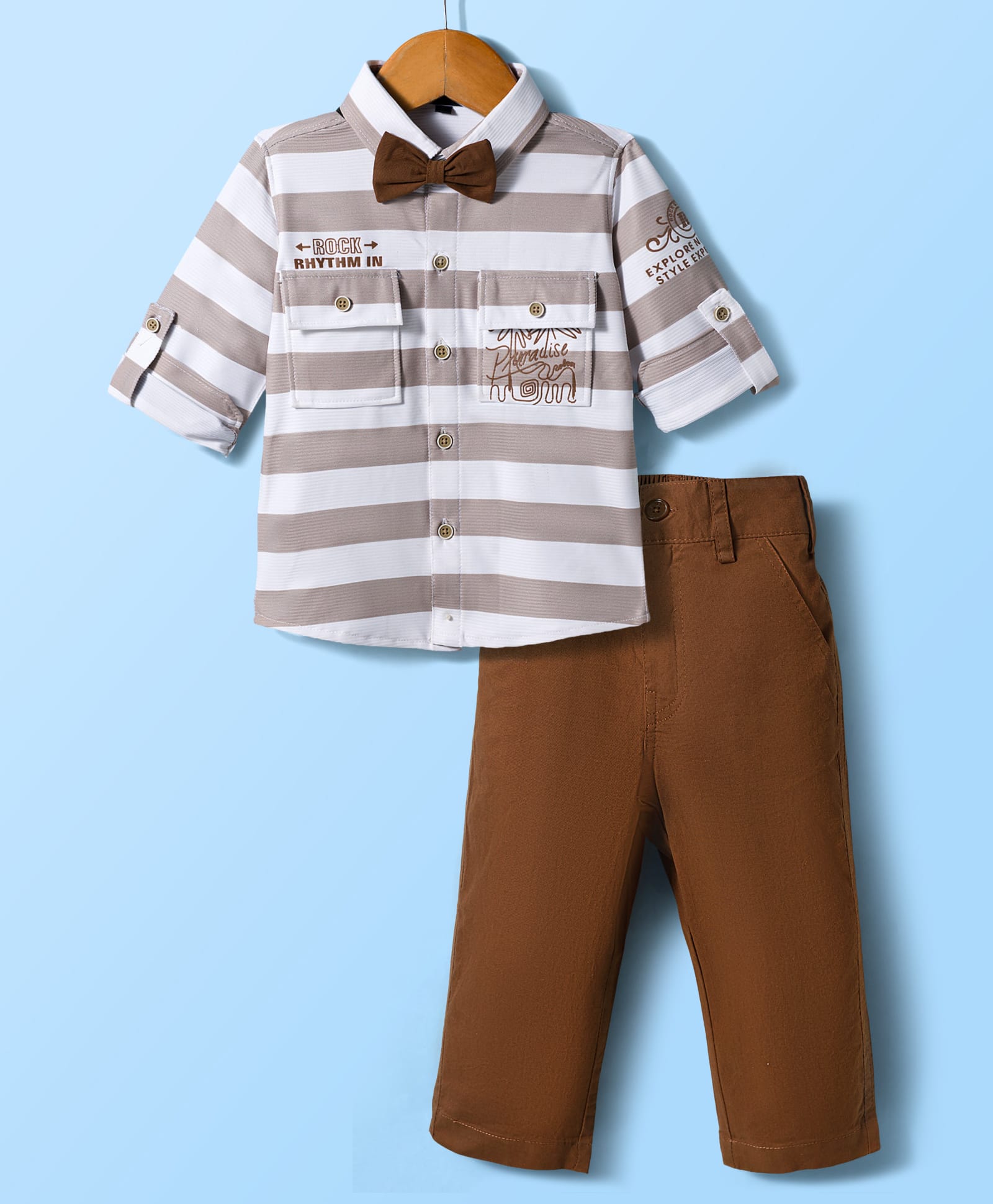 Robo Fry Cotton Woven Full Sleeves Striped Party Shirt & Trouser Set With Bow - Tan-picture-22