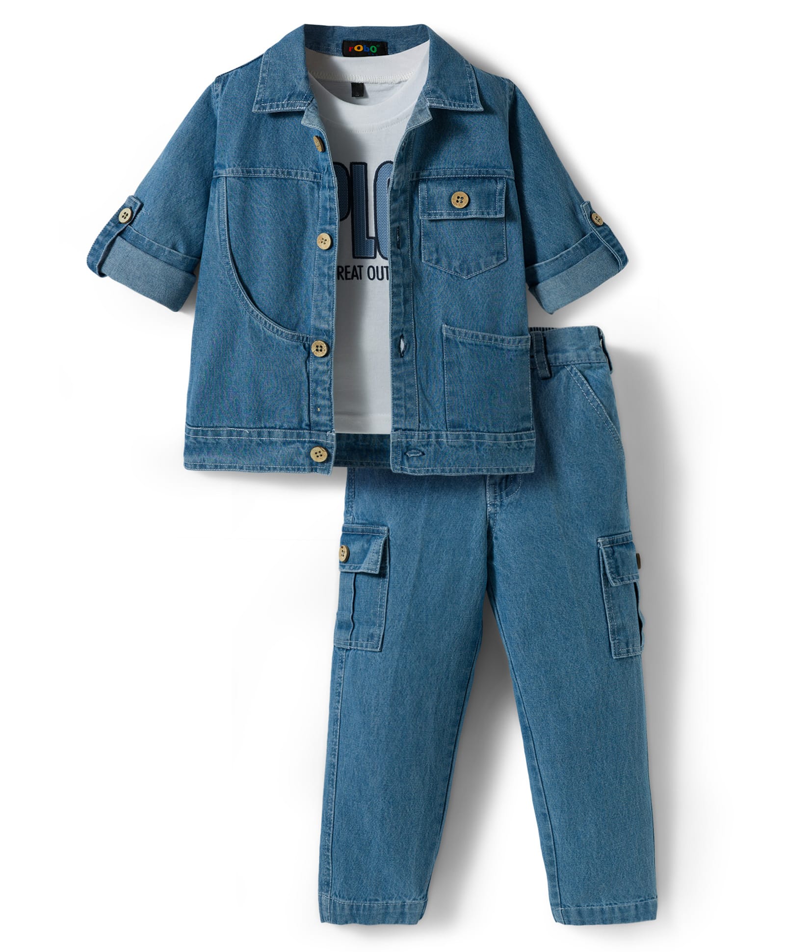 Robo Fry Cotton Woven Full Sleeves Solid Party Shirt & Trouser Set With Printed Inner Tee - Blue-image-23