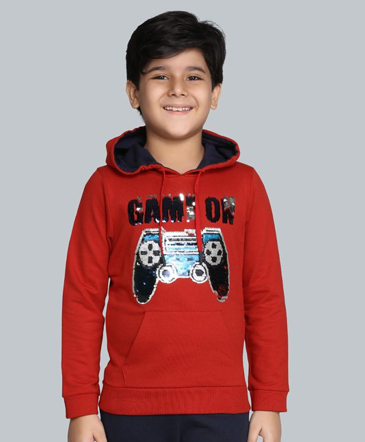 Plum Tree 100% Cotton Knit Full Sleeve Reversible Sequence Embroidery Hooded Light Winter Sweatshirt - Red-picture-39