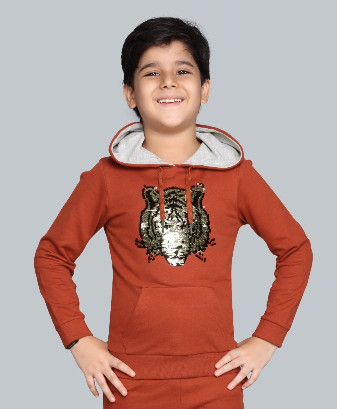 Plum Tree 100% Cotton Knit Full Sleeves Tiger Sequin Embellished Light Winter Hooded Sweatshirt - Burnt Orange-picture-24