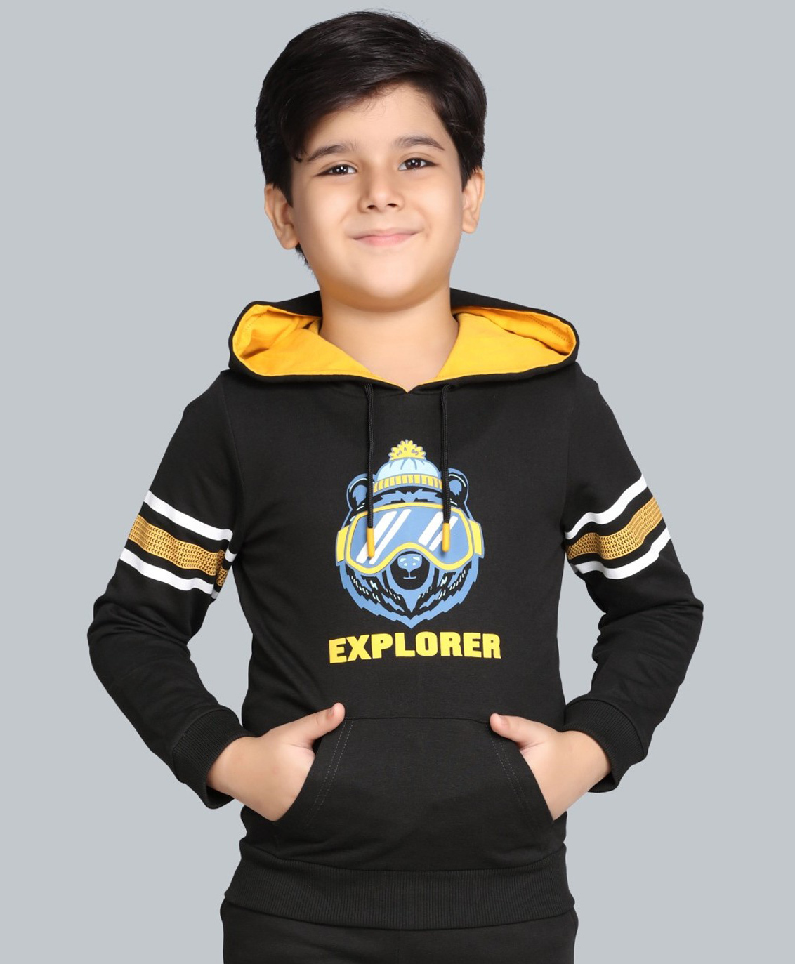 Plum Tree 100% Cotton Knit Full Sleeves Explorer Text Printed Light Winter Hooded Sweatshirt - Black Charcoal-picture-21