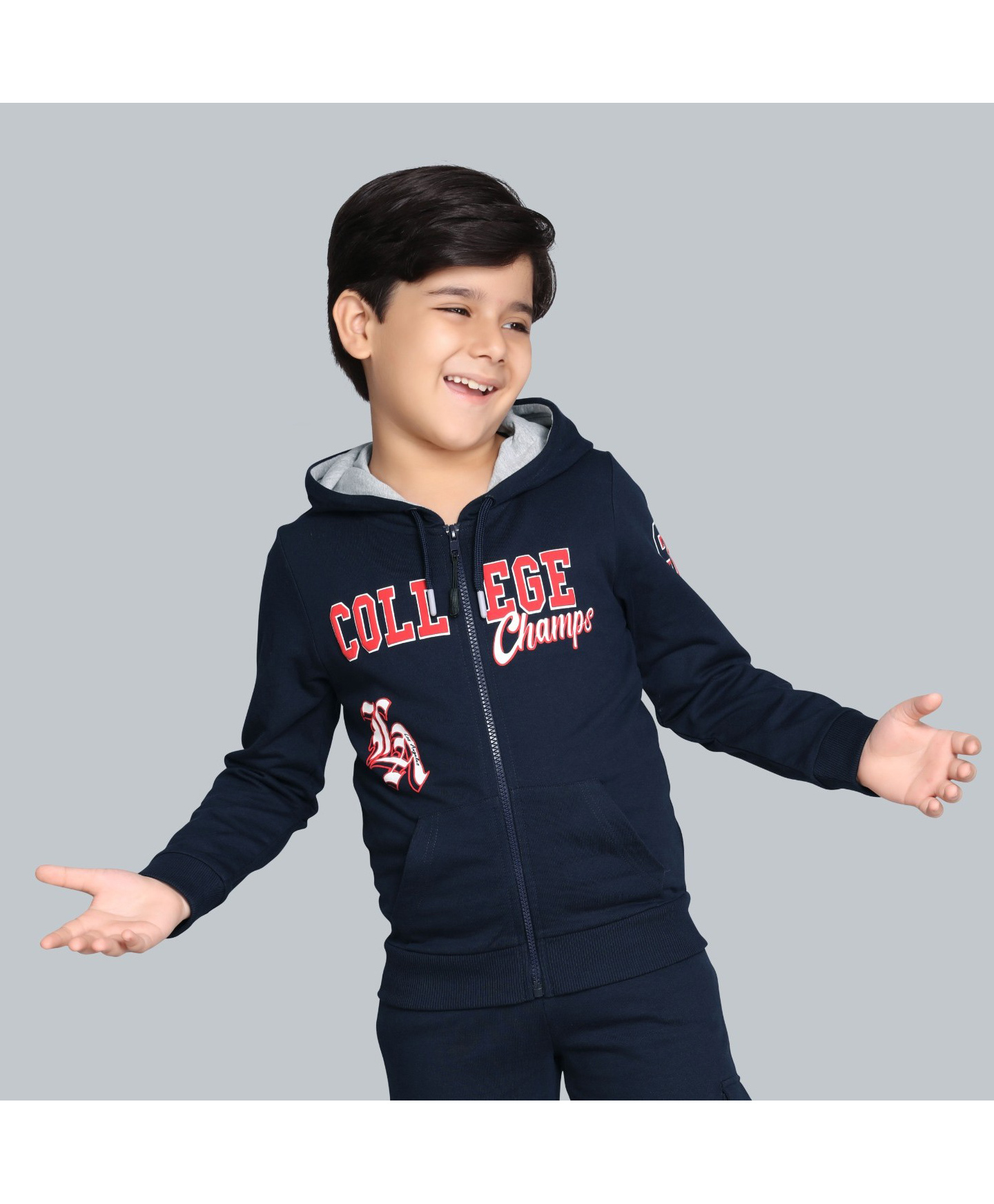 Plum Tree 100% Cotton Knit Full Sleeves College Champs Text Printed Light Winter Hooded Sweatshirt - Navy Blue-picture-23