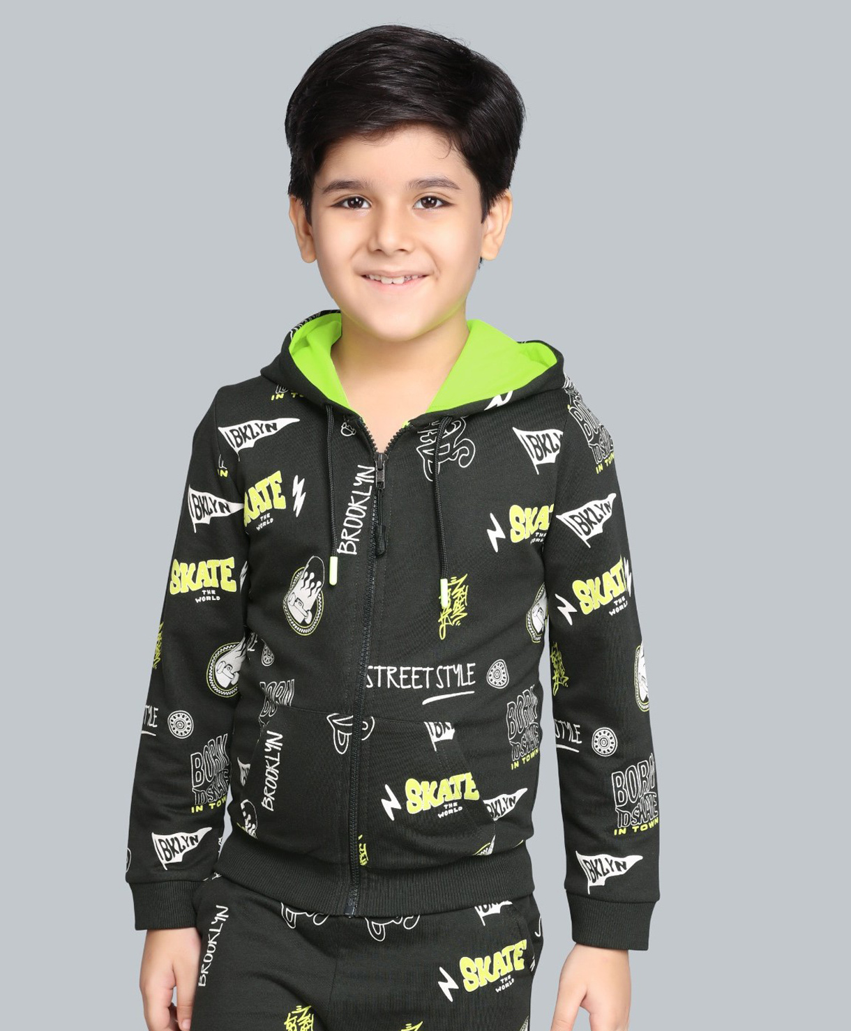 Plum Tree 100% Cotton Kint Full Sleeves Typography Printed Light Winter Hooded Zip Up Sweatshirt - Black Charcoal-picture-40