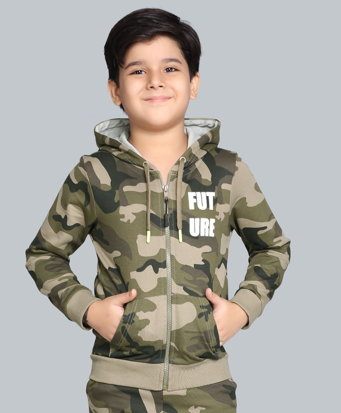 Plum Tree 100% Cotton Knit Full Sleeves Camouflage Printed Light Winter Hooded Sweatshirt - Olive Green-picture-14