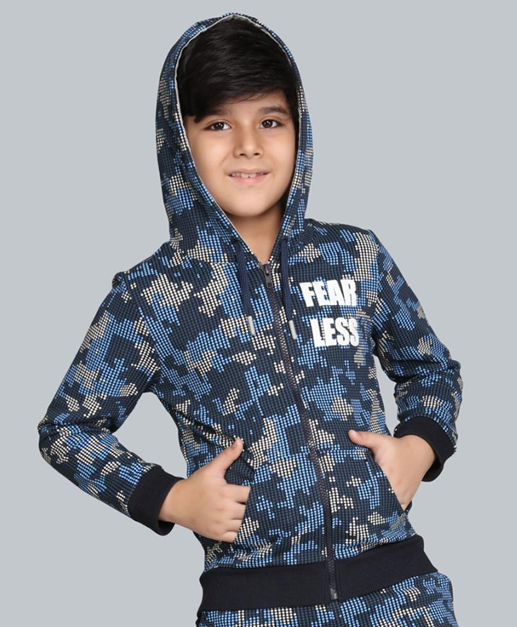 Plum Tree 100% Cotton Knit Full Sleeves Fearless Text Printed Light Winter Hooded Sweatshirt - Navy Blue-picture-16