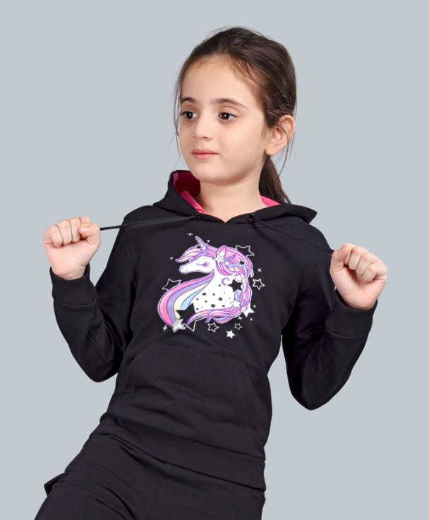 Plum Tree 100% Cotton Knit Full Sleeves Unicorn Printed Light Winter Hoodie - Jet Black-picture-19