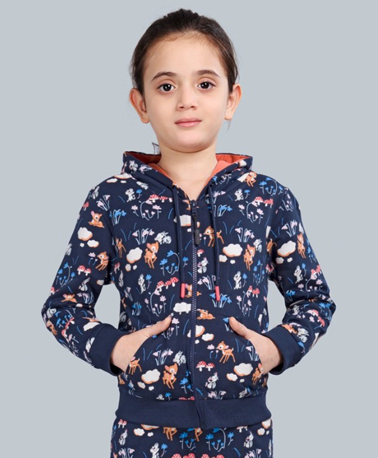 Plum Tree 100% Cotton Knit Full Sleeves Deer & Rabbit Printed Light Winter Hooded Sweatshirt - Navy Blue-picture-16
