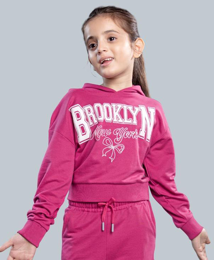 Plum Tree 100% Cotton Knit Full Sleeves Brooklyn Text Printed Light Winter Hooded Cropped Sweatshirt - Wine-picture-23