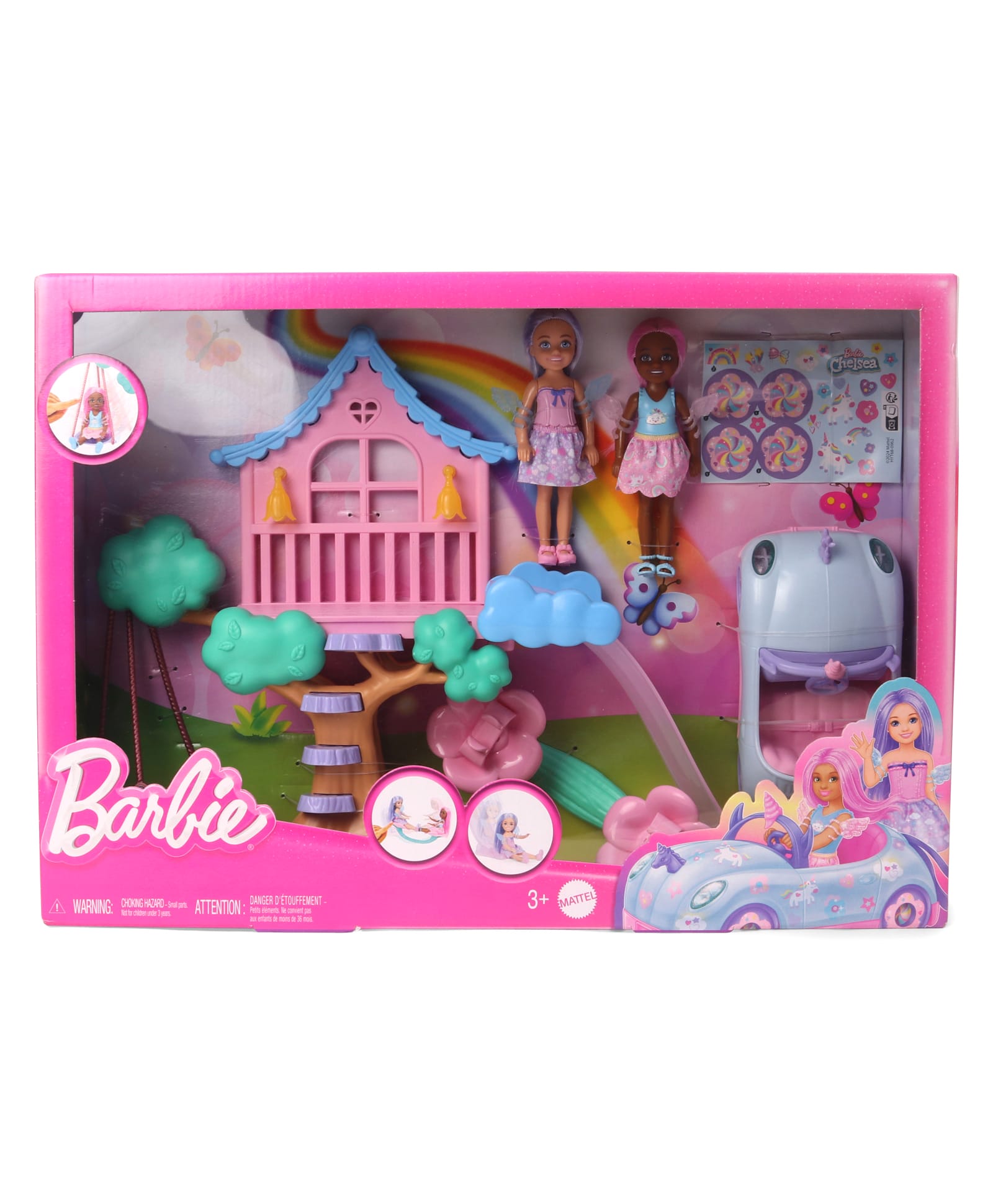 Barbie Fantasy Treehouse Playset with 2 Chelsea Small Dolls Toy Car Accessories & Sticker Sheet - Pink