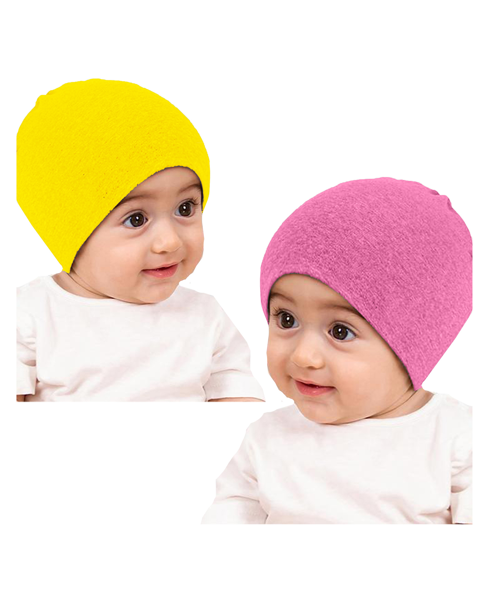 Babymoon Cotton Pack Of 2 Solid Stretchable Cap - Pink & Yellow - Circumference - 17 Cm-picture-14