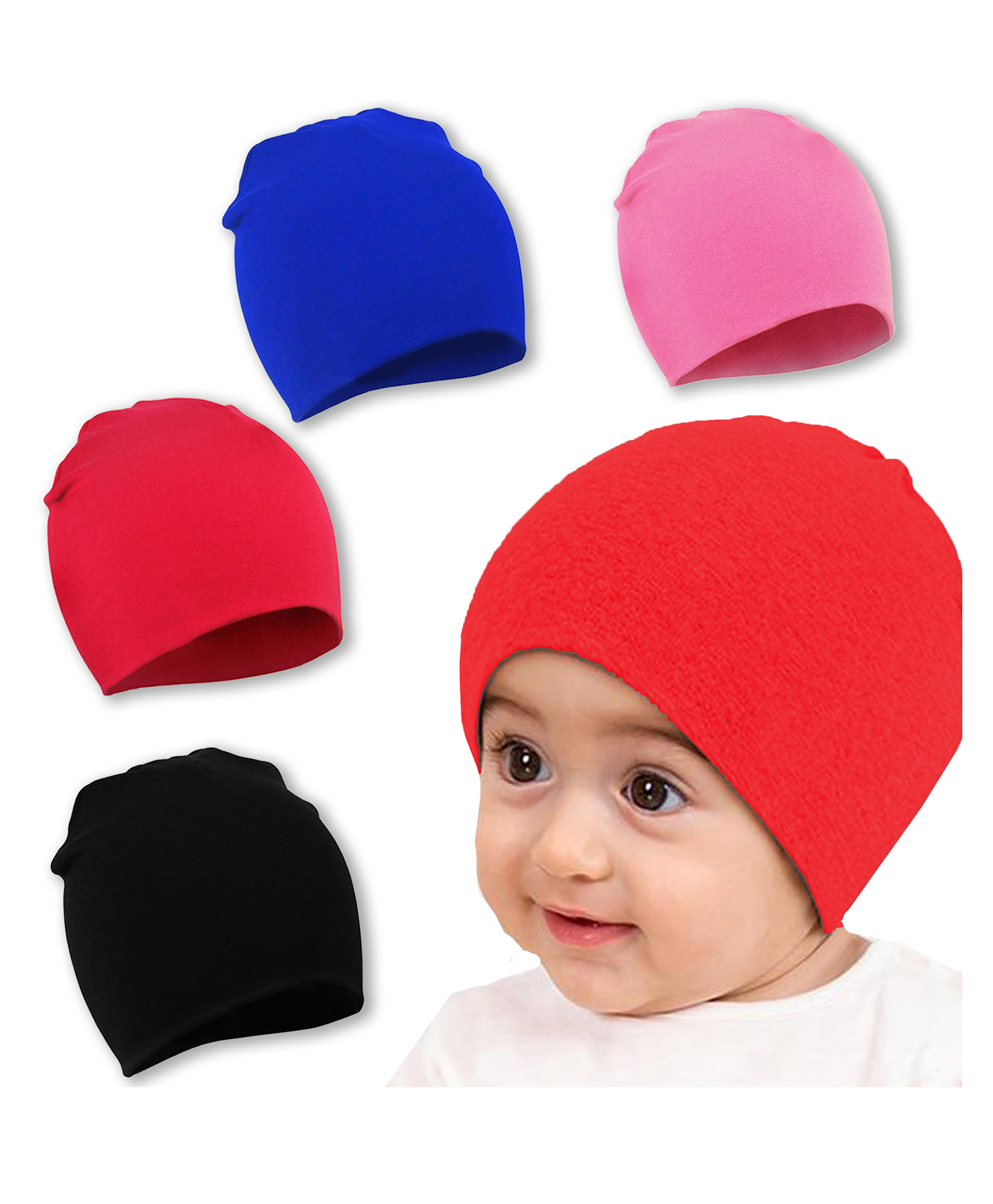 Babymoon Cotton Pack Of 4 Solid Stretchable Cap - Multi Colour - Circumference - 17 Cm-picture-23