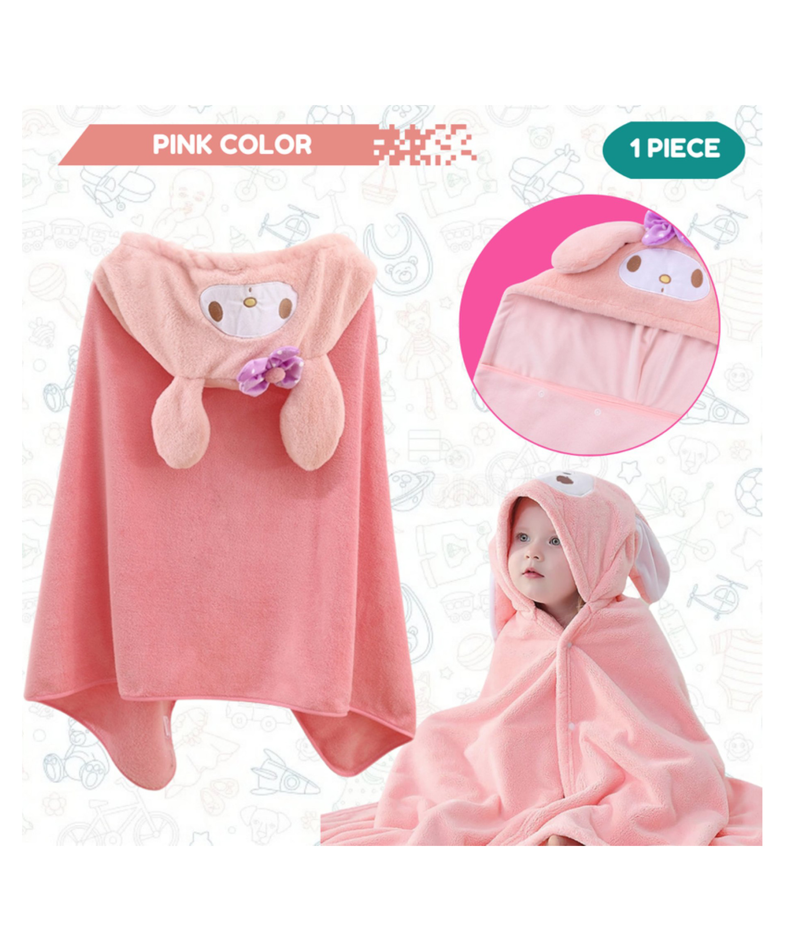Puchku Cotton Woven Rabbit Detailed Hooded Blanket Bath Towel - Pink-picture-26