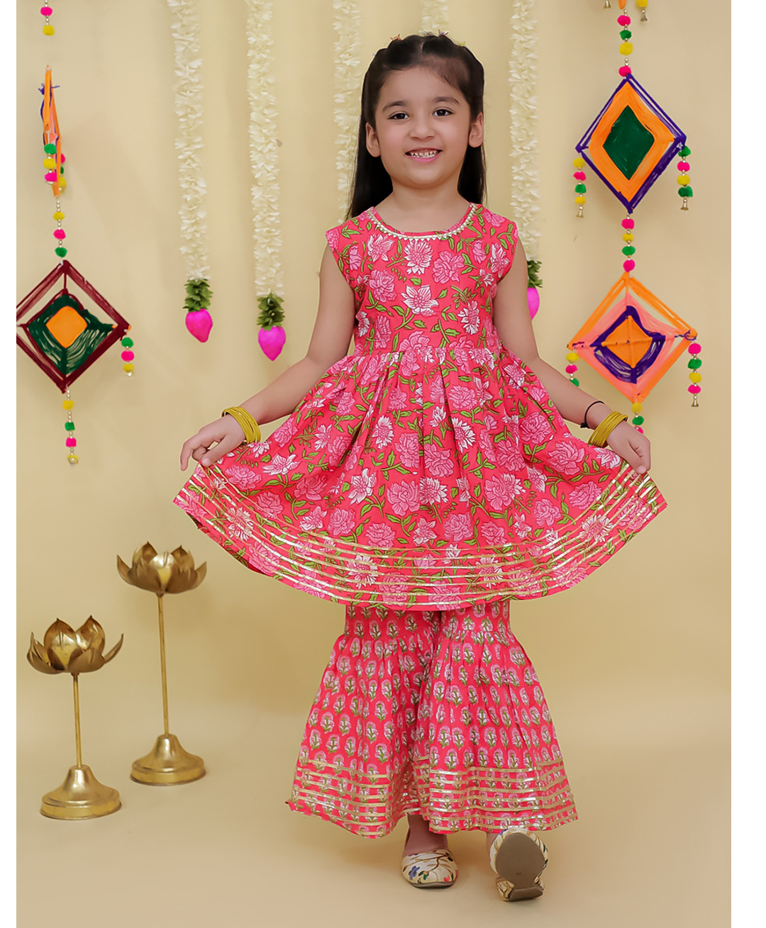 The Mom Store Cotton Woven Sleeveless Floral Printed Anarkali Sharara Set - Multi Colour-image-41