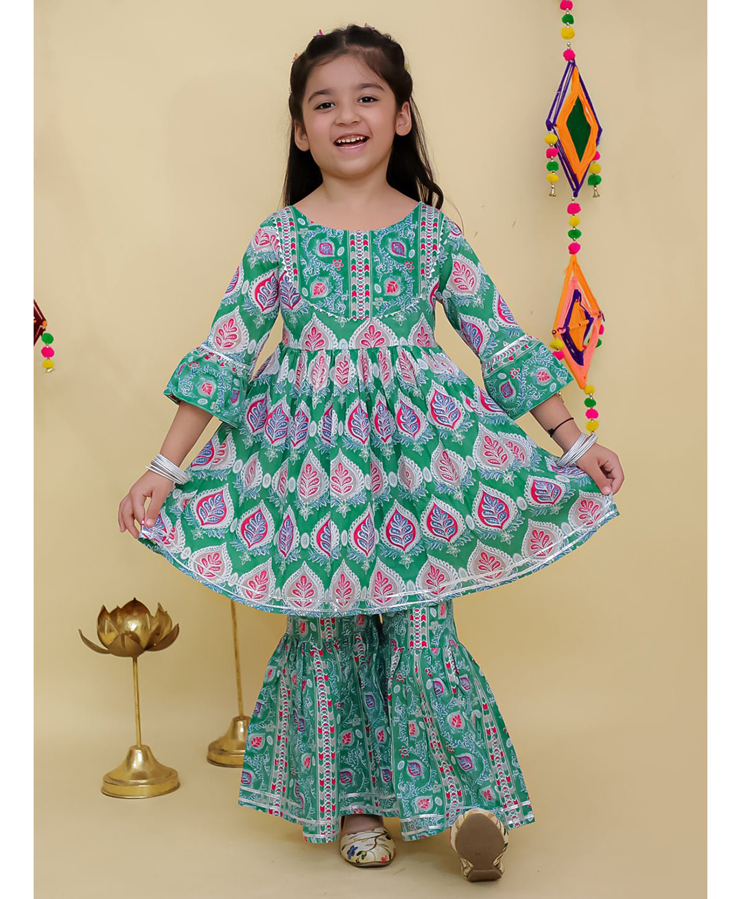 The Mom Store Cotton Knit Three Fourth Sleeves Ethnic Printed Gota Lace Embellished Kurti Sharara Set - Multi Colour-image-48