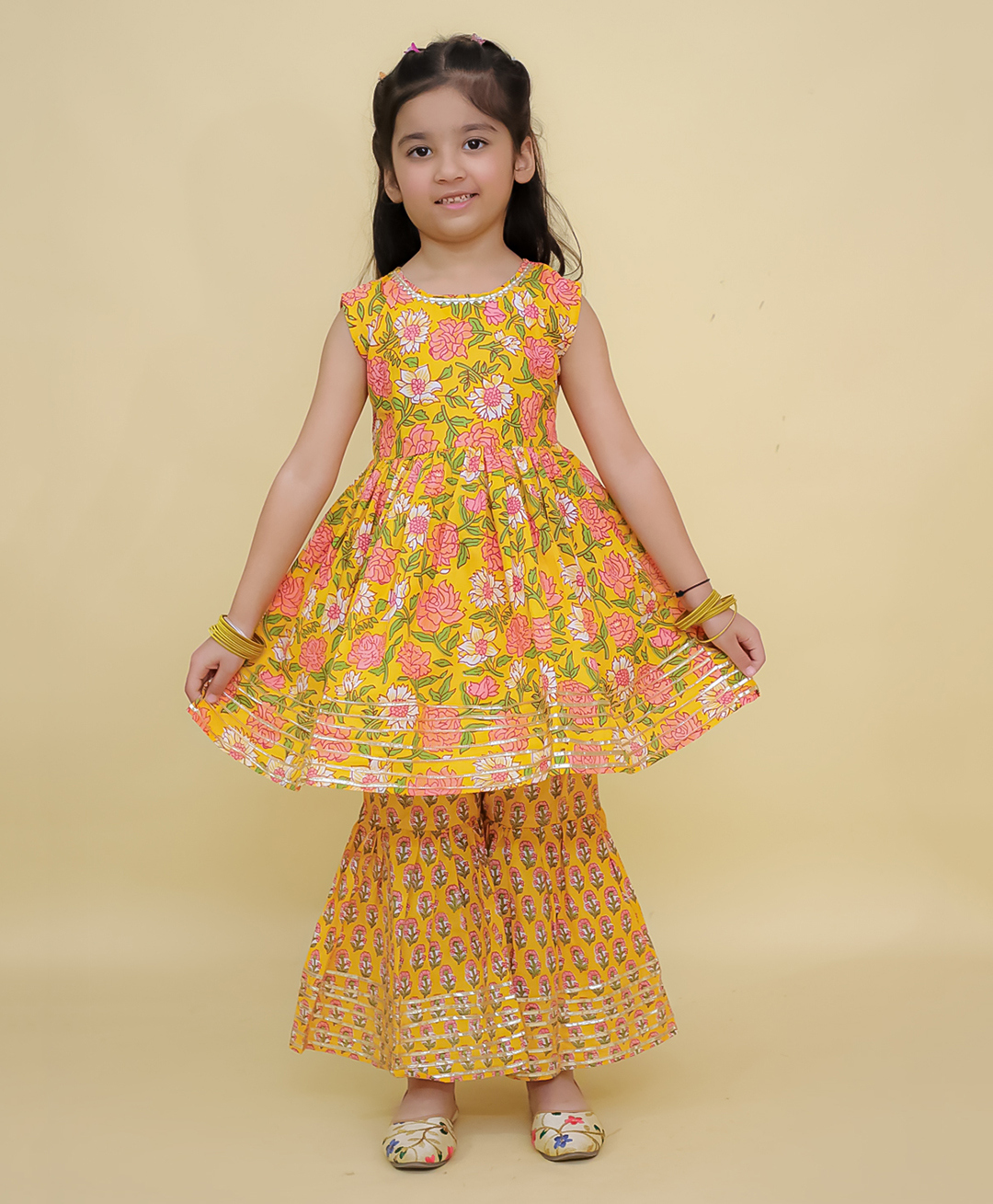 The Mom Store Cotton Woven Sleeveless Floral Printed Sultaana Anarkali Sharara Set - Multi Colour-picture-37